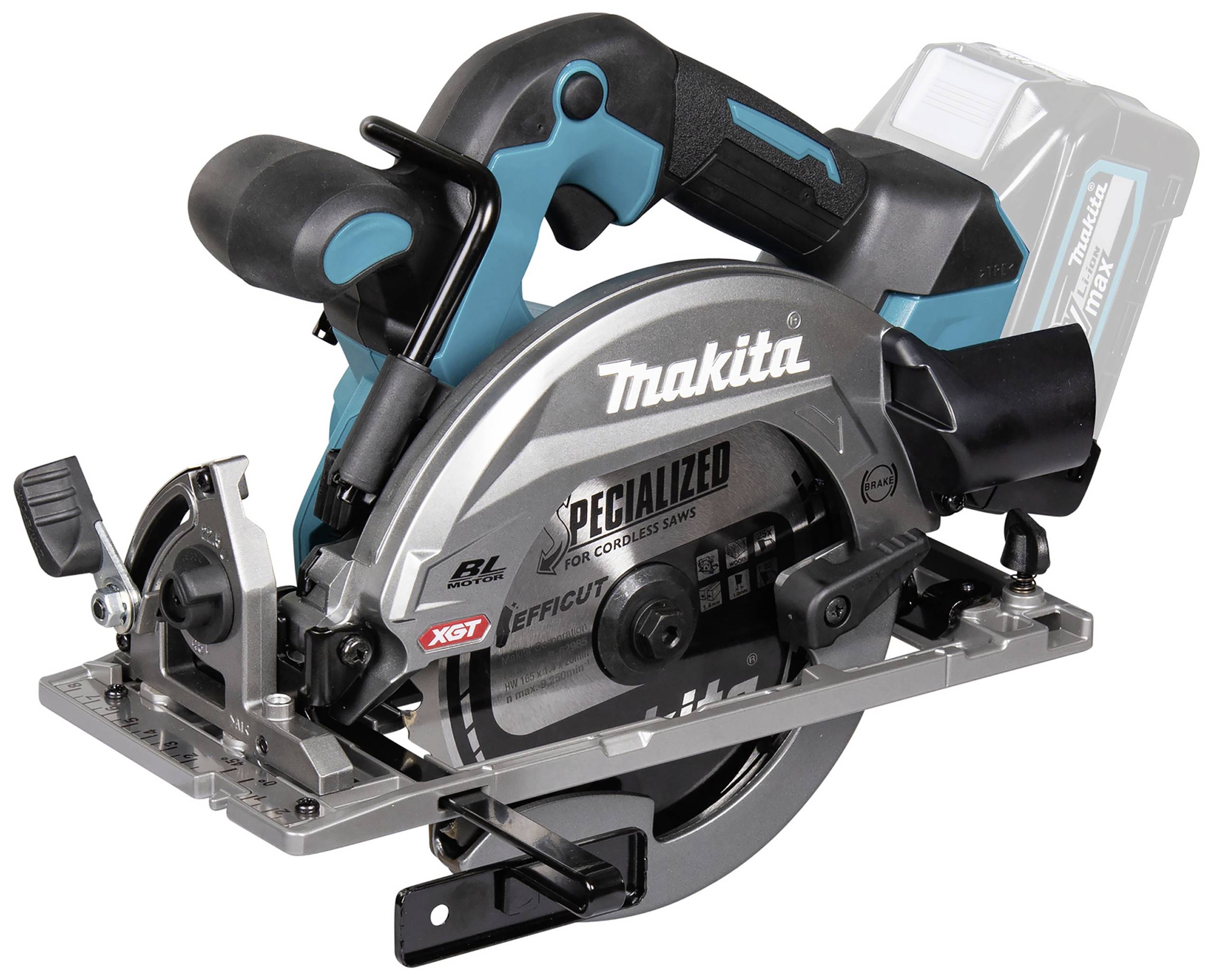 Eine kabellose, schwarze und blaue Kreissäge der Marke Makita, geeignet für präzise Holzbearbeitungen.