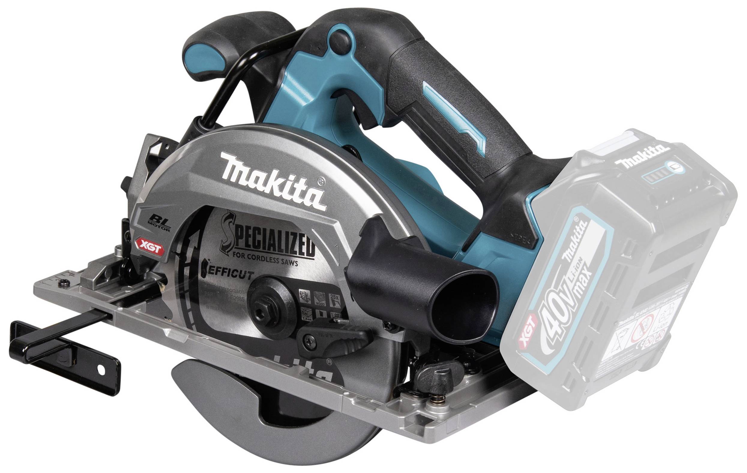 Eine blaue und schwarze Makita Handkreissäge mit einem silbernen Sägeblatt. Geeignet für präzise Schnitte bei Bauprojekten.