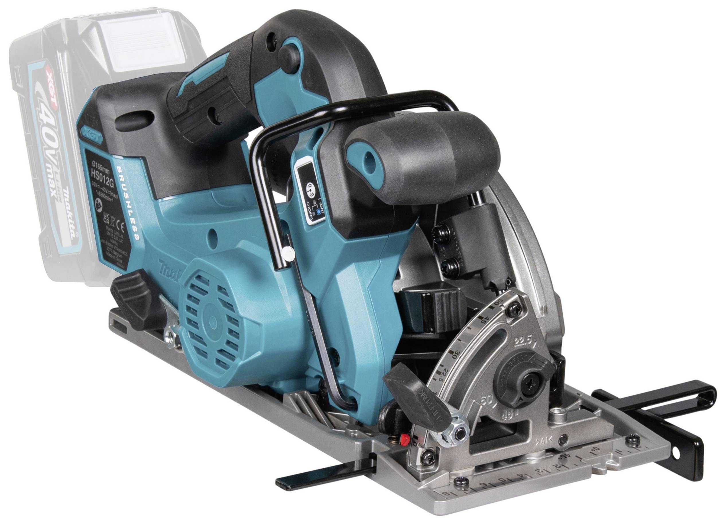 Eine blaue Akku-Kreissäge mit schwarzem Griff auf einem weißen Hintergrund. Sie zeigt die Klinge, Schutzabdeckung und Einstellmechanismen.