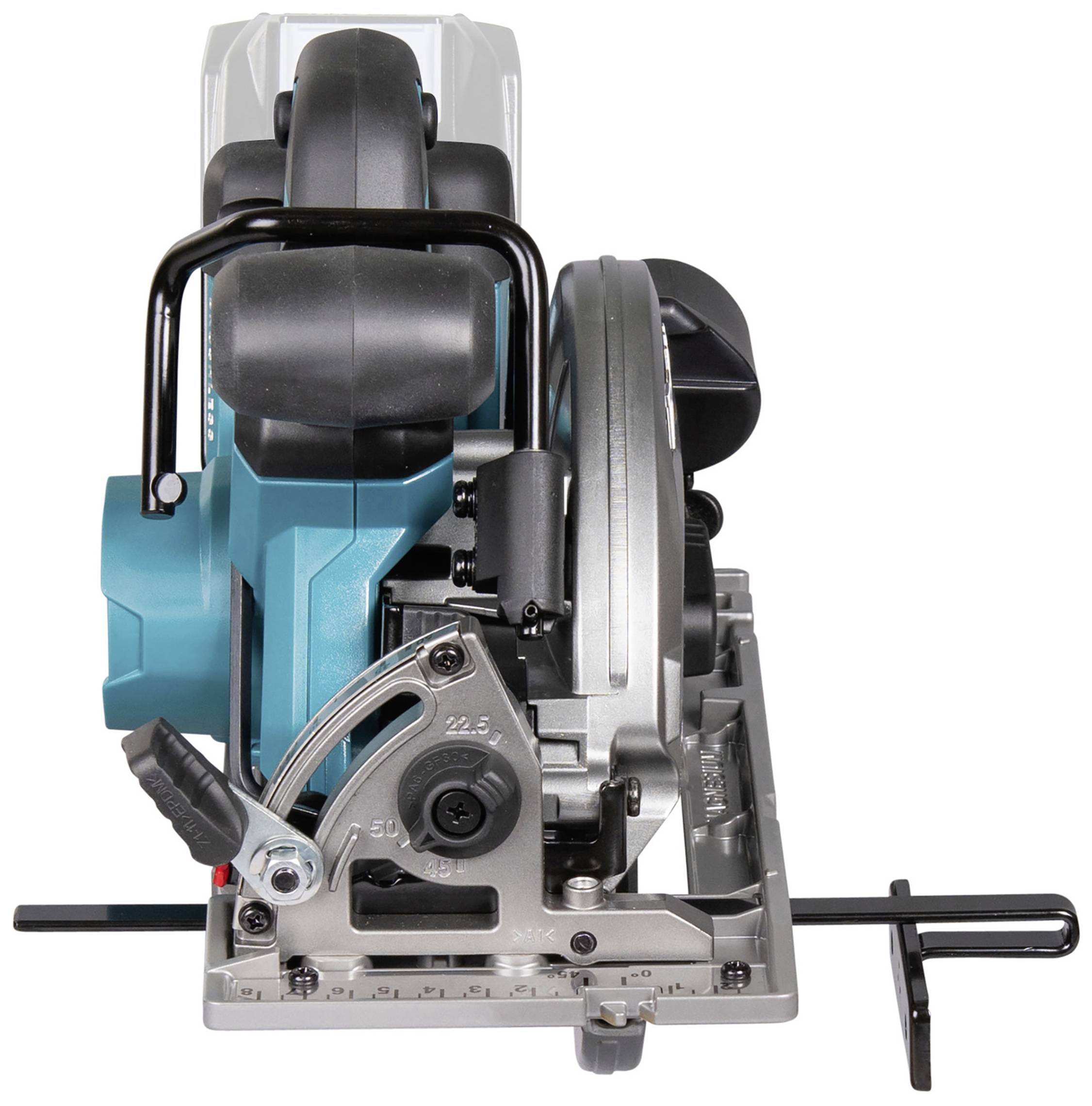 Elektrische Handkreissäge, frontale Ansicht, zeigt Klinge und Handgriff. Geeignet für präzise Holzschnitte in Bauprojekten.