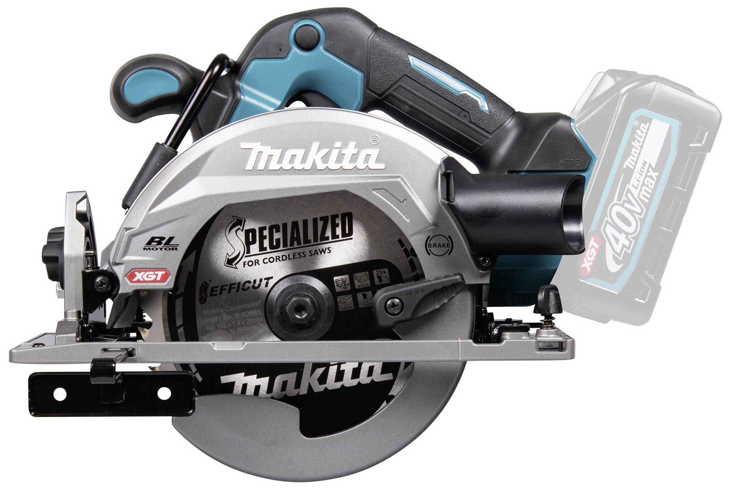 Akkubetriebene Kreissäge mit blau-schwarzem Gehäuse. Aufschrift 'SPECIALIZED' und '40Vmax' auf Sägeblatt und Batterie. Von Makita.