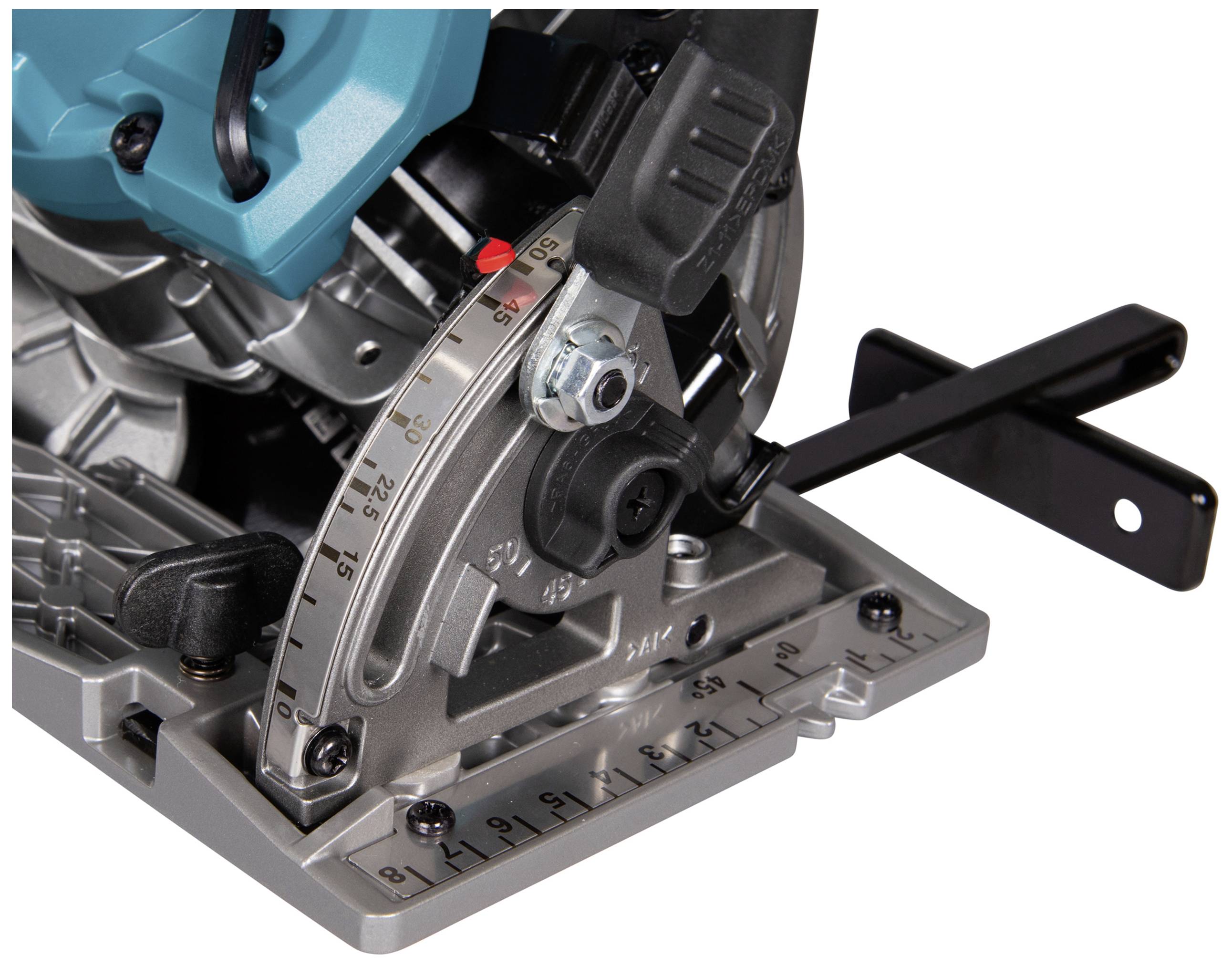 Kreissäge mit Einstellungsskala und Winkeleinstellung, zeigt Präzisionseinrichtung für Schnitttiefen und -winkel, in Nahaufnahme.