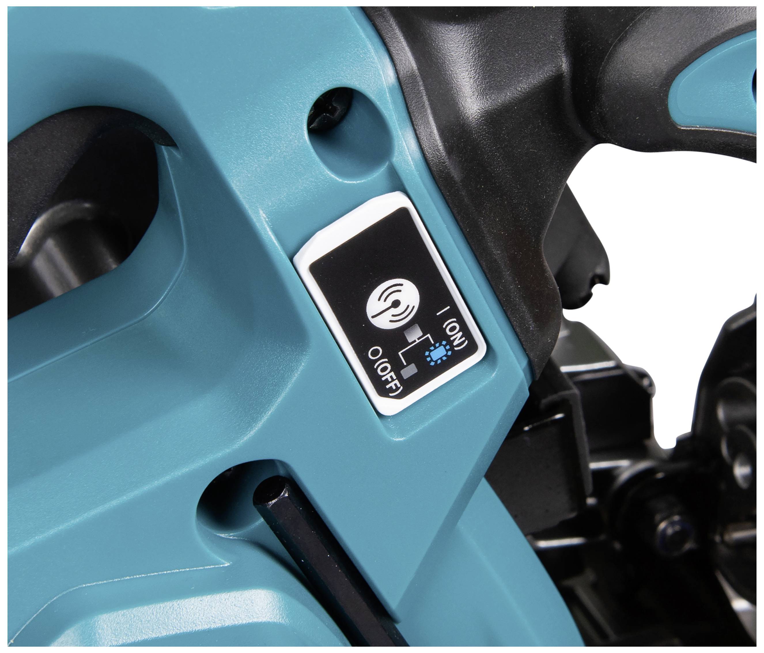 Akkuschalter einer Elektrowerkzeugmaschine mit blauer Abdeckung, Schieber zum Ein- und Ausschalten, Symbol für drahtlose Verbindung.