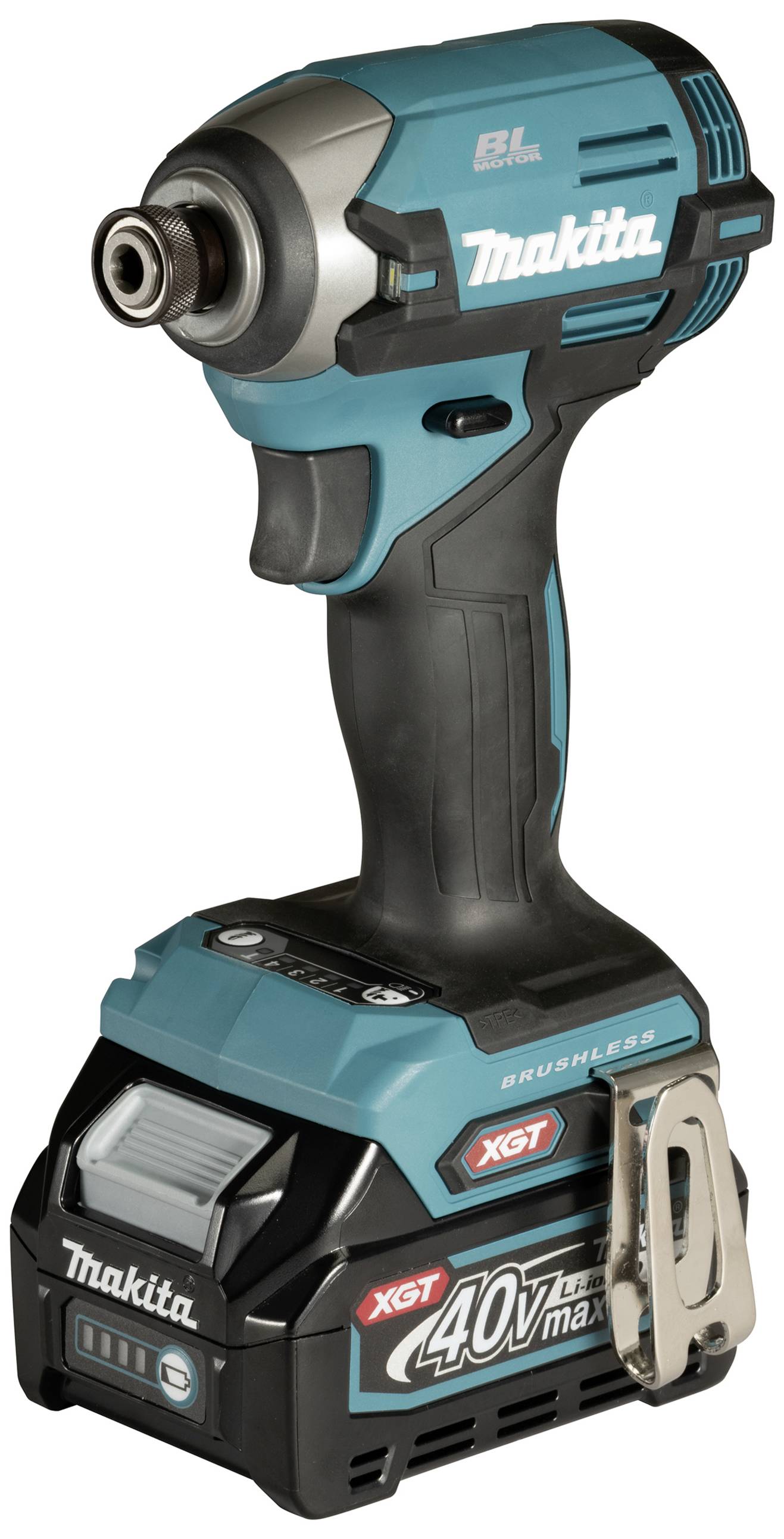 Akku-Schlagschrauber der Marke Makita, 40V, blau und schwarz, mit grauen Details und Gürtelclip an der Seite.