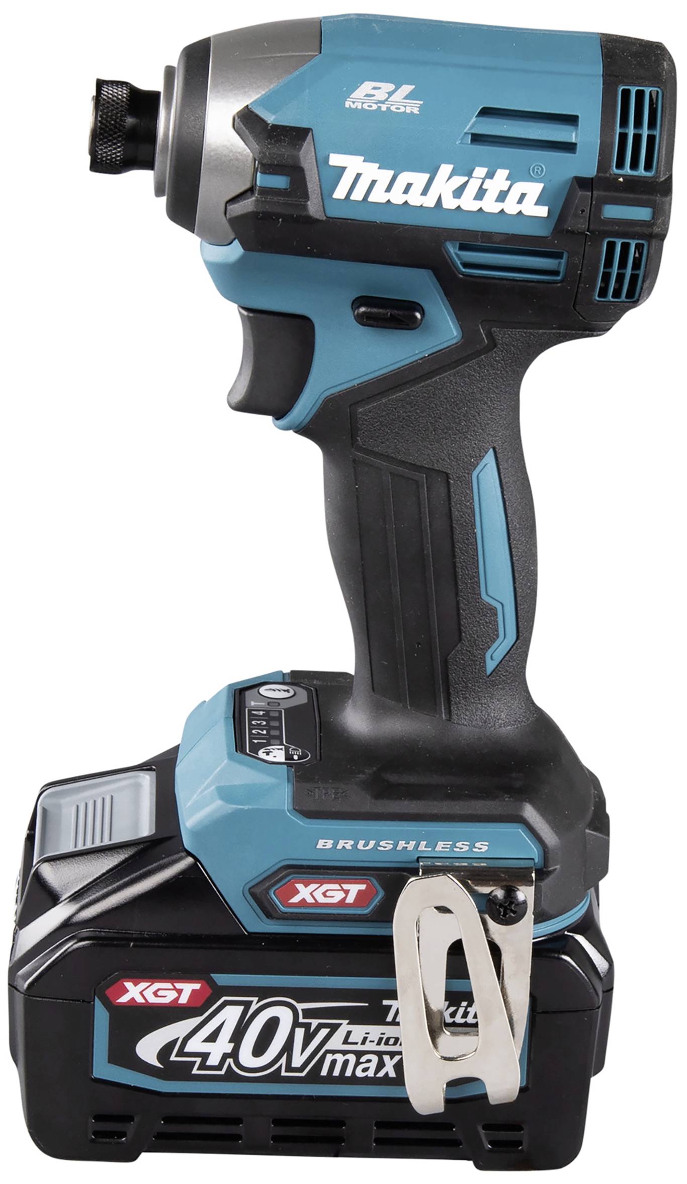 Schraubendreher der Marke Makita in Blau und Schwarz, mit 40V Akku und bürstenlosem Motor, steht aufrecht auf einer weißen Oberfläche.