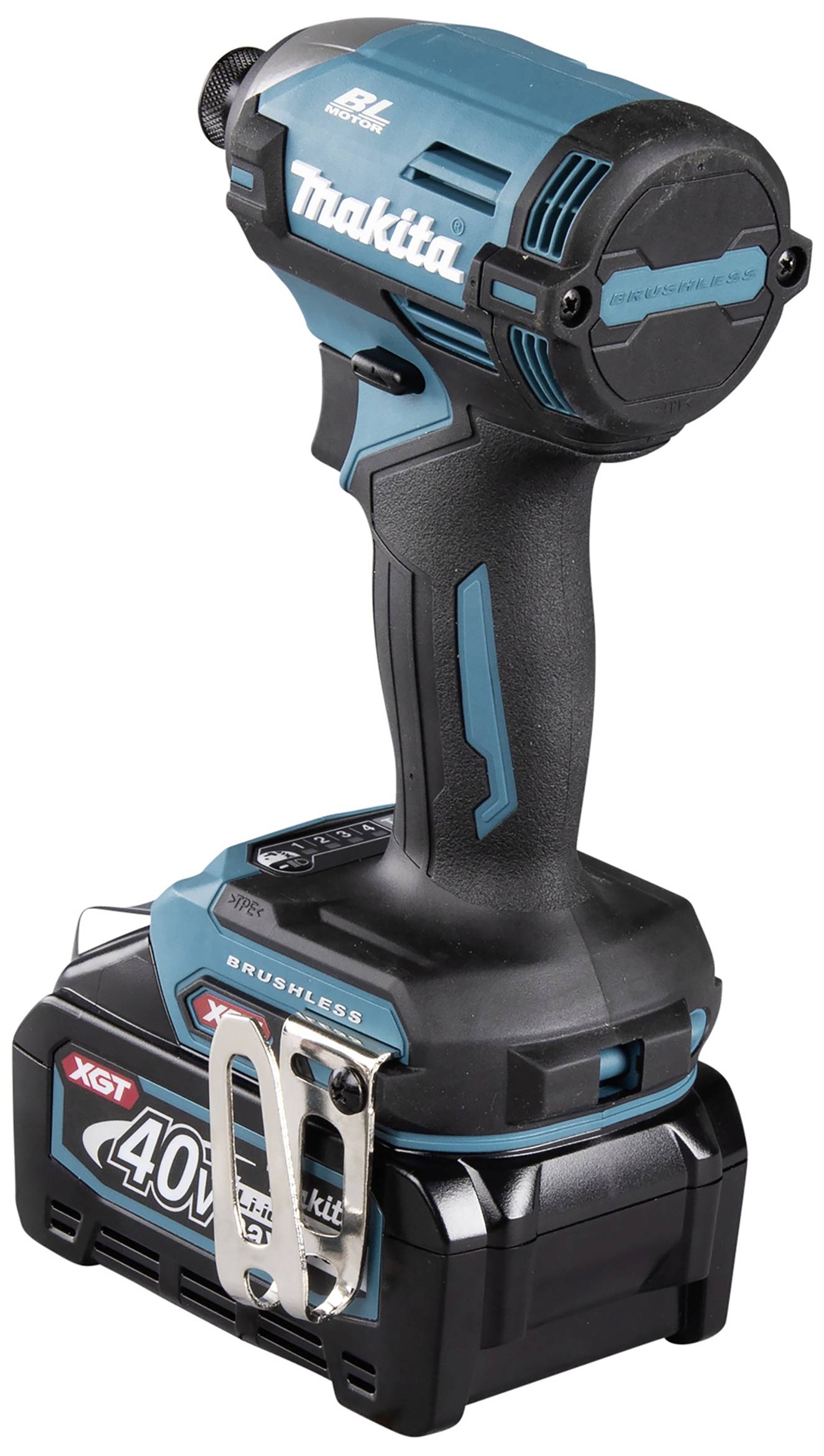 Akkuschrauber in Blau-Schwarz mit ergonomischem Griff, Makita-Logo, 40V-Akku und XGT-Technologie.