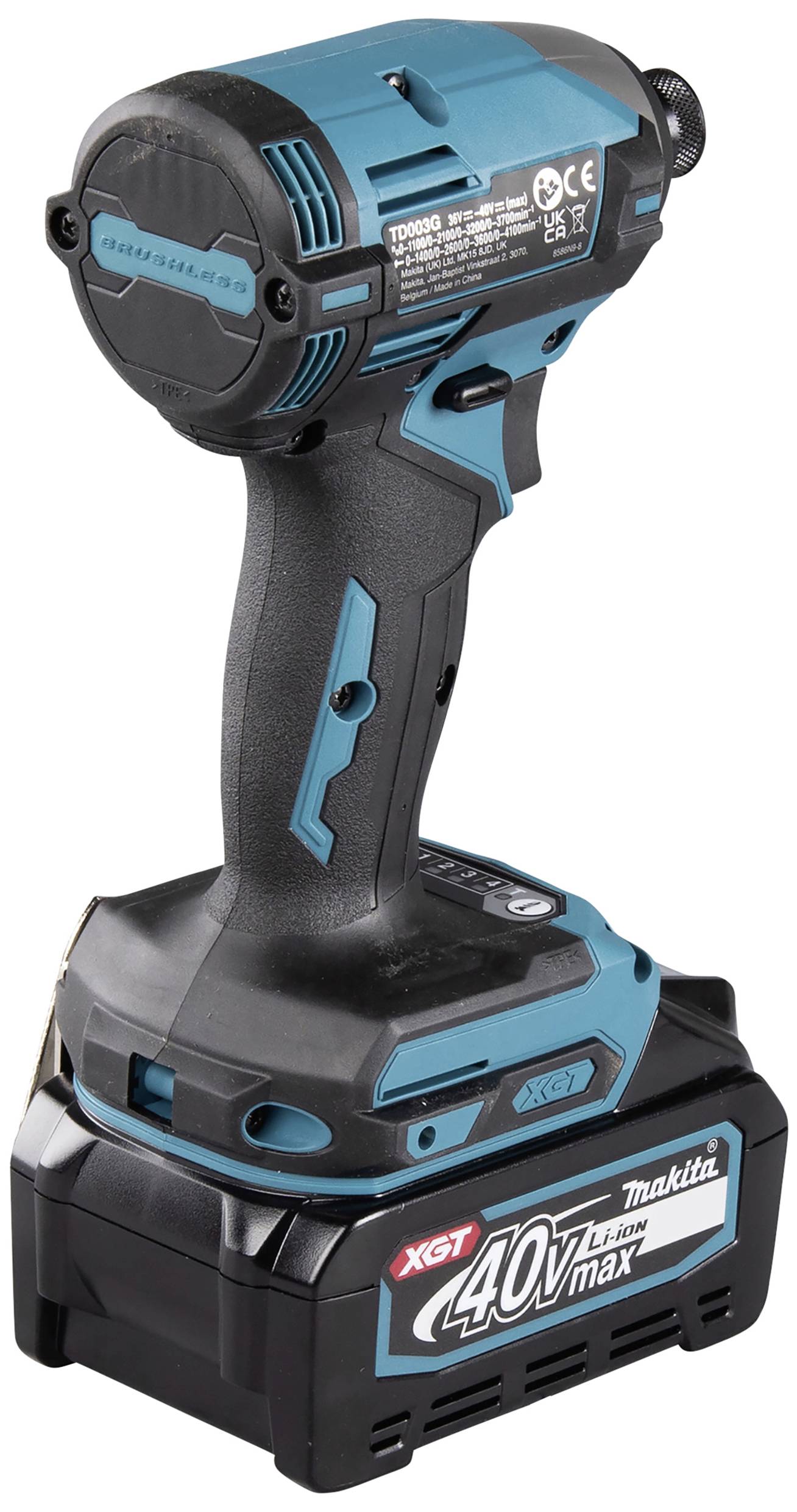 Ein blauer, handgehaltener Akkuschrauber der Marke Makita mit einem 40V Lithium-Ionen-Akku.