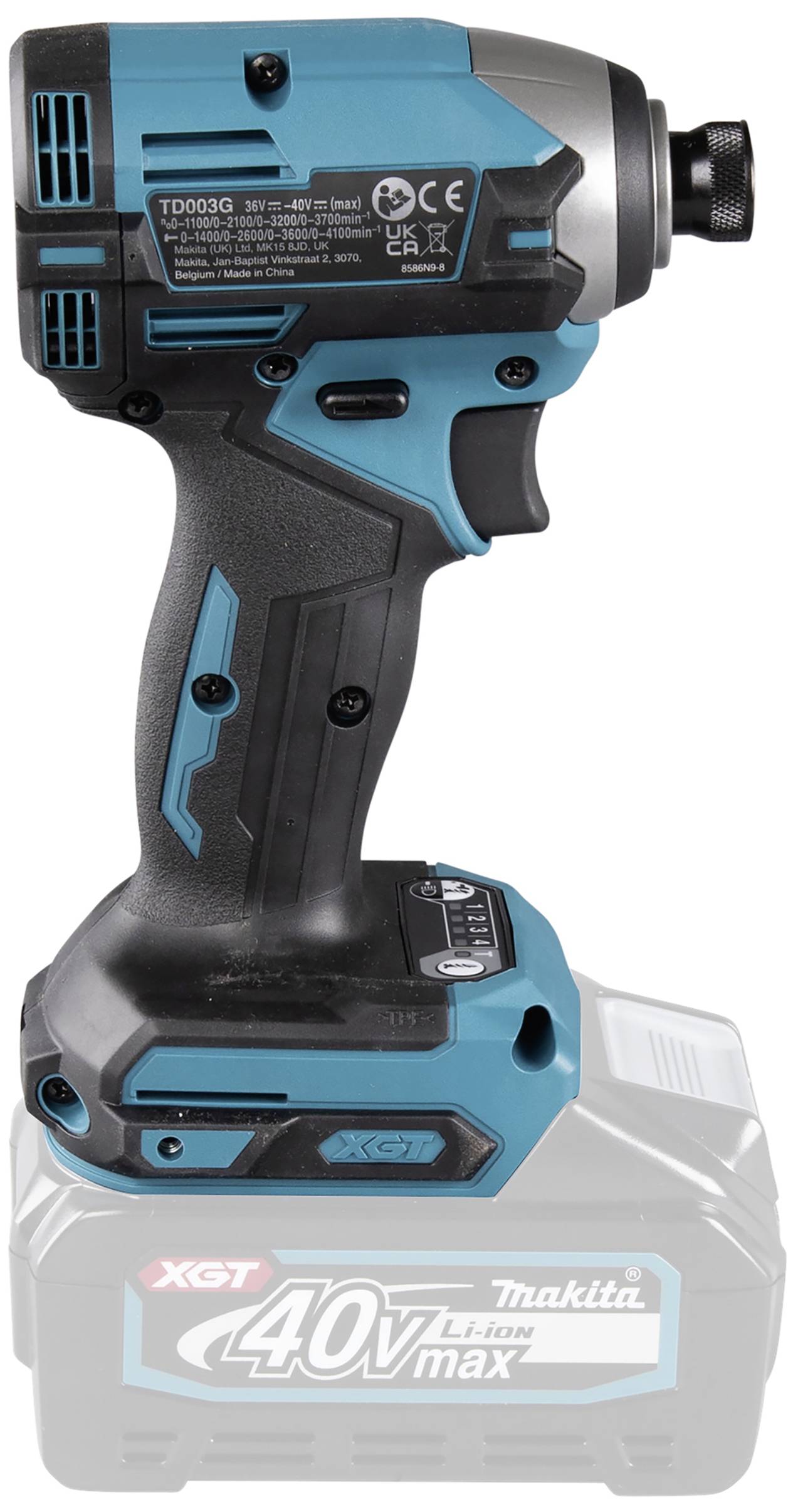 Akkuschlagschrauber in Blau-Schwarz von Makita, Modell XGT 40V max. Sichtbar sind Griff und Einstellknöpfe, typisch für Elektrowerkzeuge.