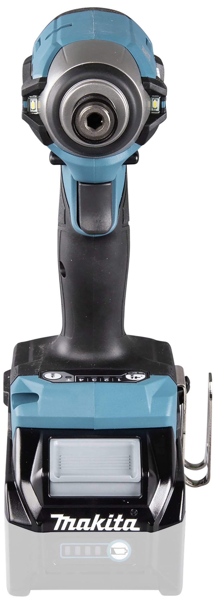 Ein kabelloser, blauer Akku-Schlagschrauber von Makita, frontal abgebildet, mit schwarzem Griff und silberner Befestigungsvorrichtung.