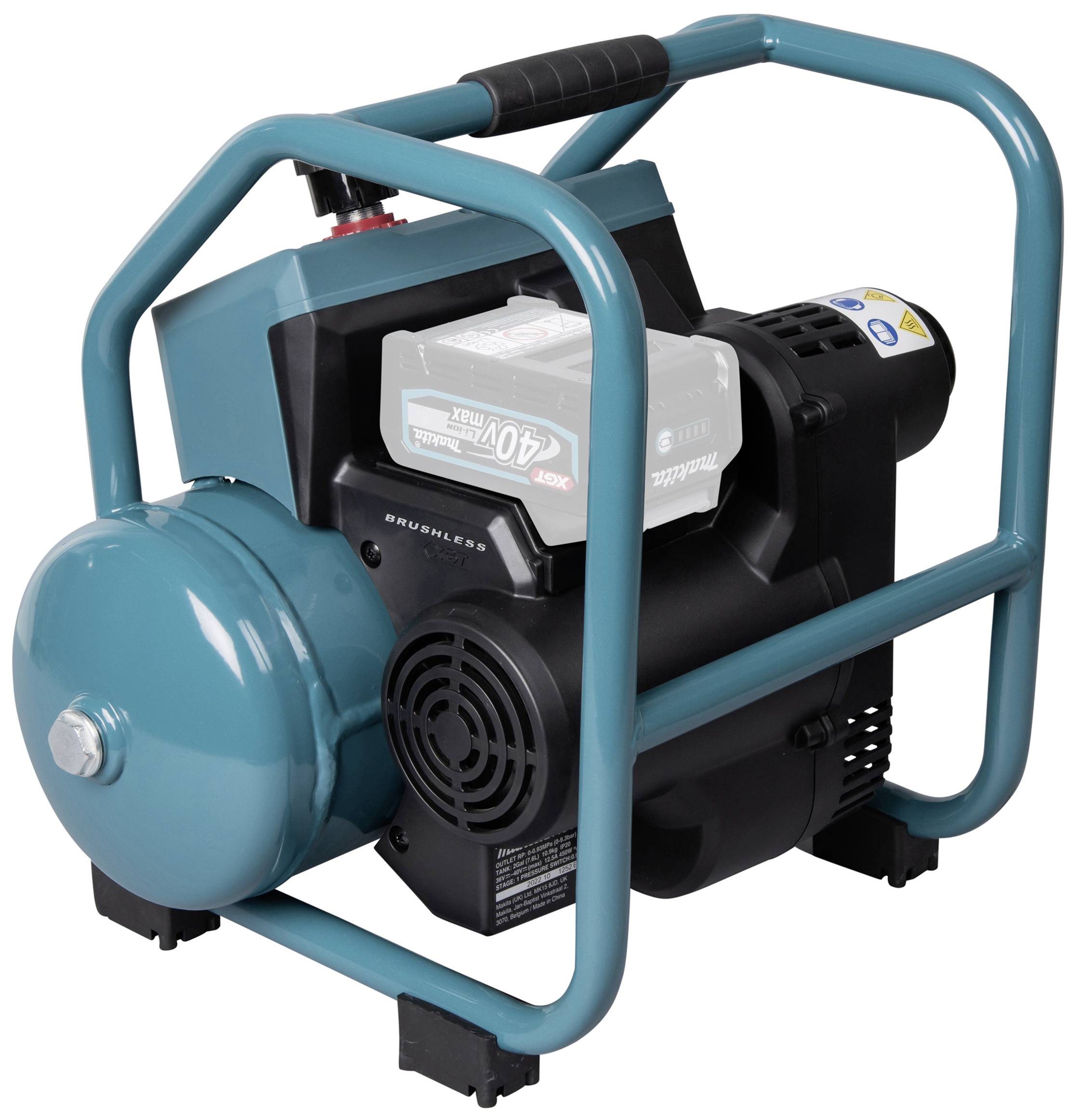 Elektrischer Kompressor mit blauem Schutzrahmen und abnehmbarer Batterie, geeignet für mobile Druckluftanwendungen.