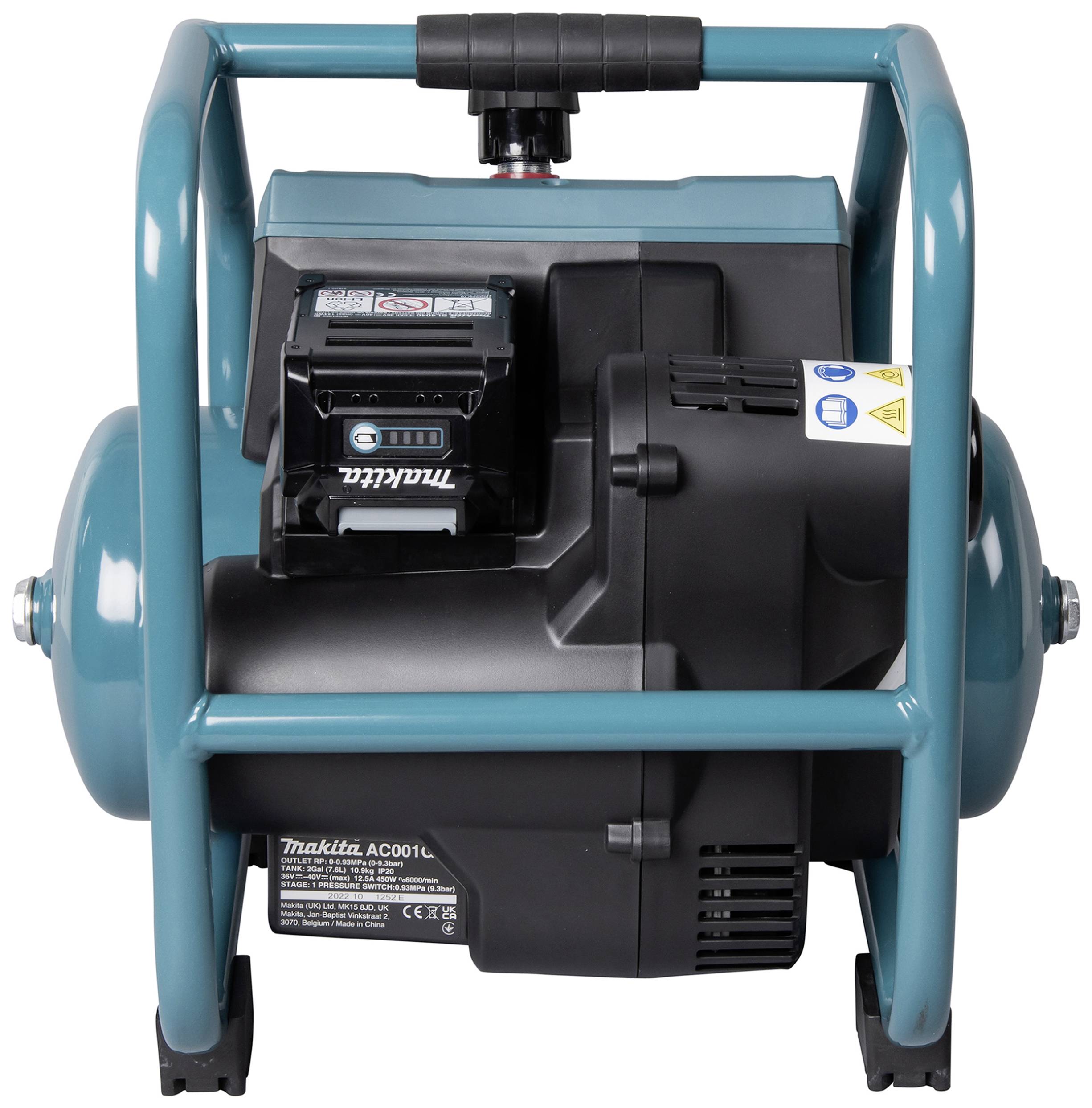 Ein tragbarer Kompressor mit blauem Rahmen und schwarzem Gehäuse. Oben ist ein Griff für den Transport.