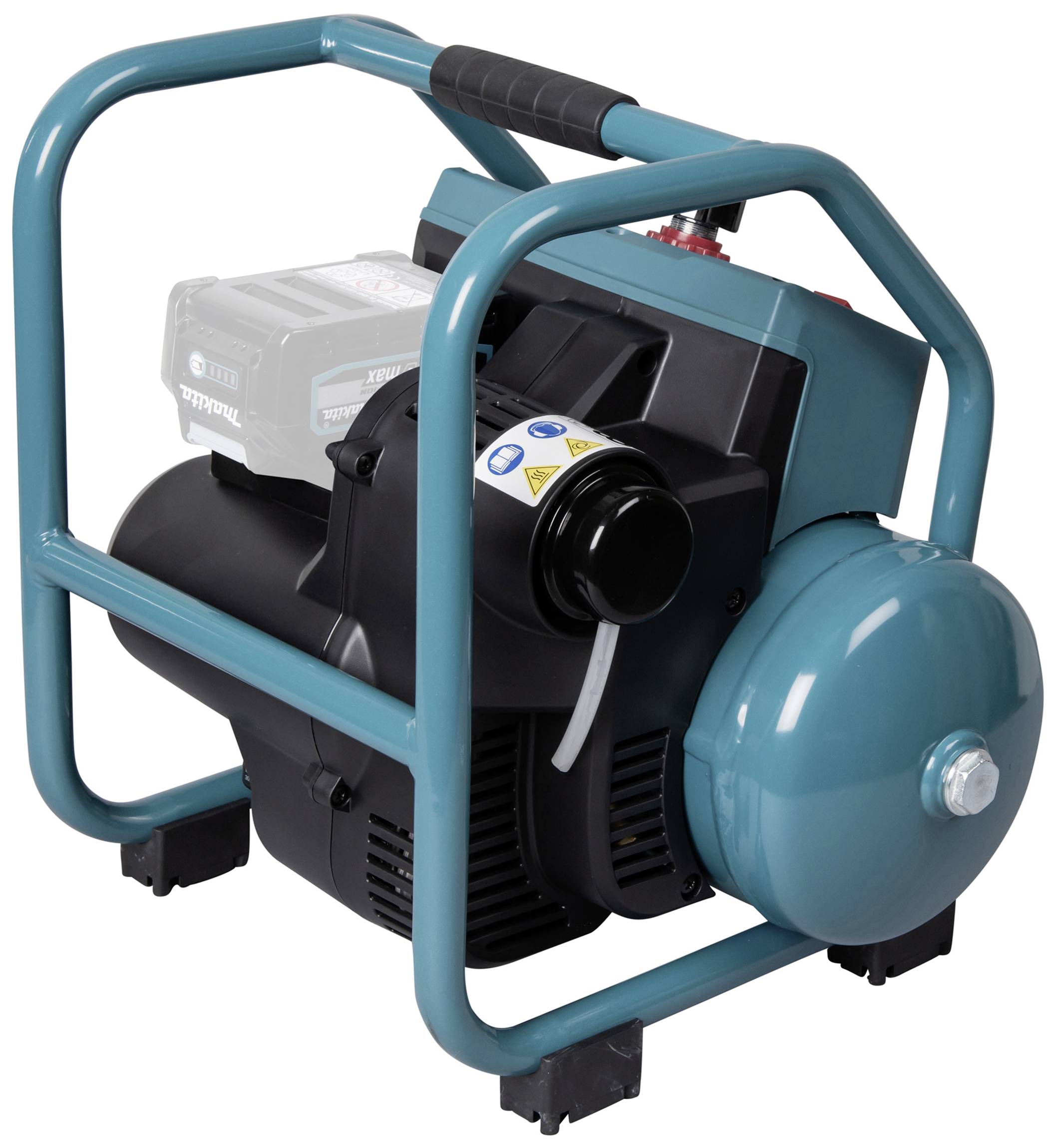 Eine tragbare, blaue Elektroluftpumpe mit schwarzen Elementen und einem Griff oben. Sie wirkt stabil und benutzerfreundlich.