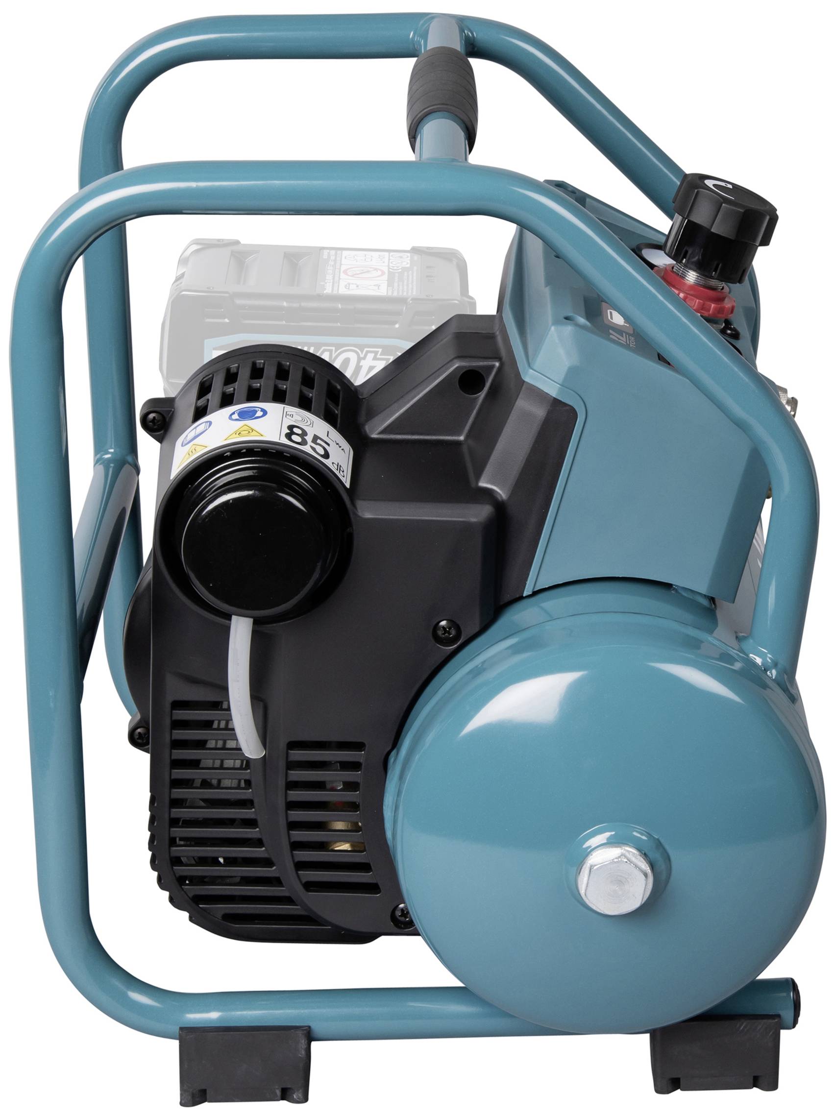 Blauer tragbarer Generator mit schwarzem Motor und Metallrahmen. Ventil- und Kraftstoffanzeige sichtbar.