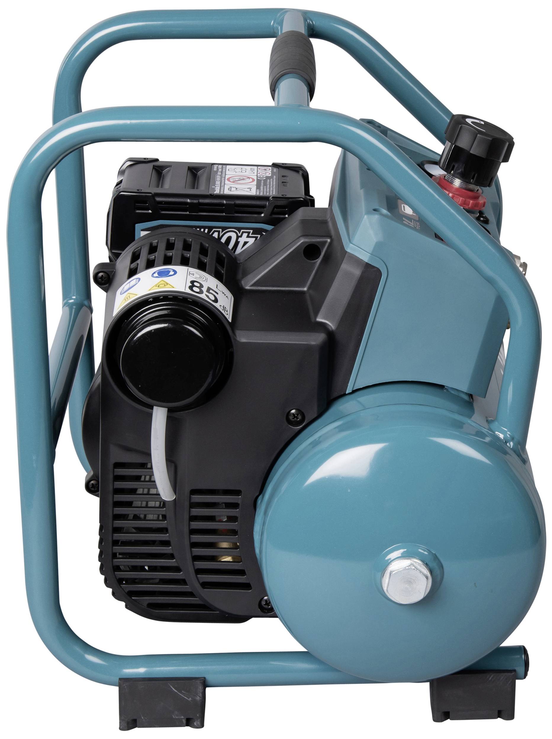 Eine tragbare Luftpumpe mit blauem Gehäuse und schwarzem Elektromotor, geeignet für den Einsatz bei Reifen und Sportgeräten.