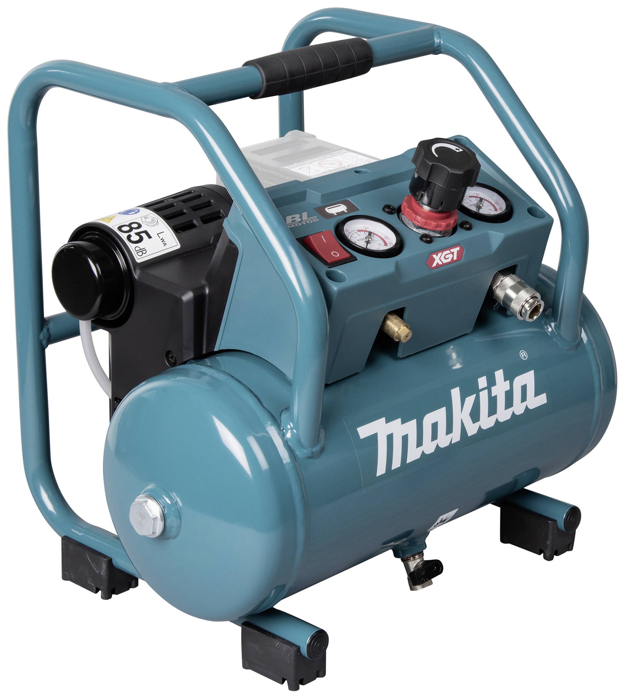 Ein tragbarer, grüner Luftkompressor mit dem Logo 'Makita'. Zwei Manometer und ein Regler sind oben sichtbar.