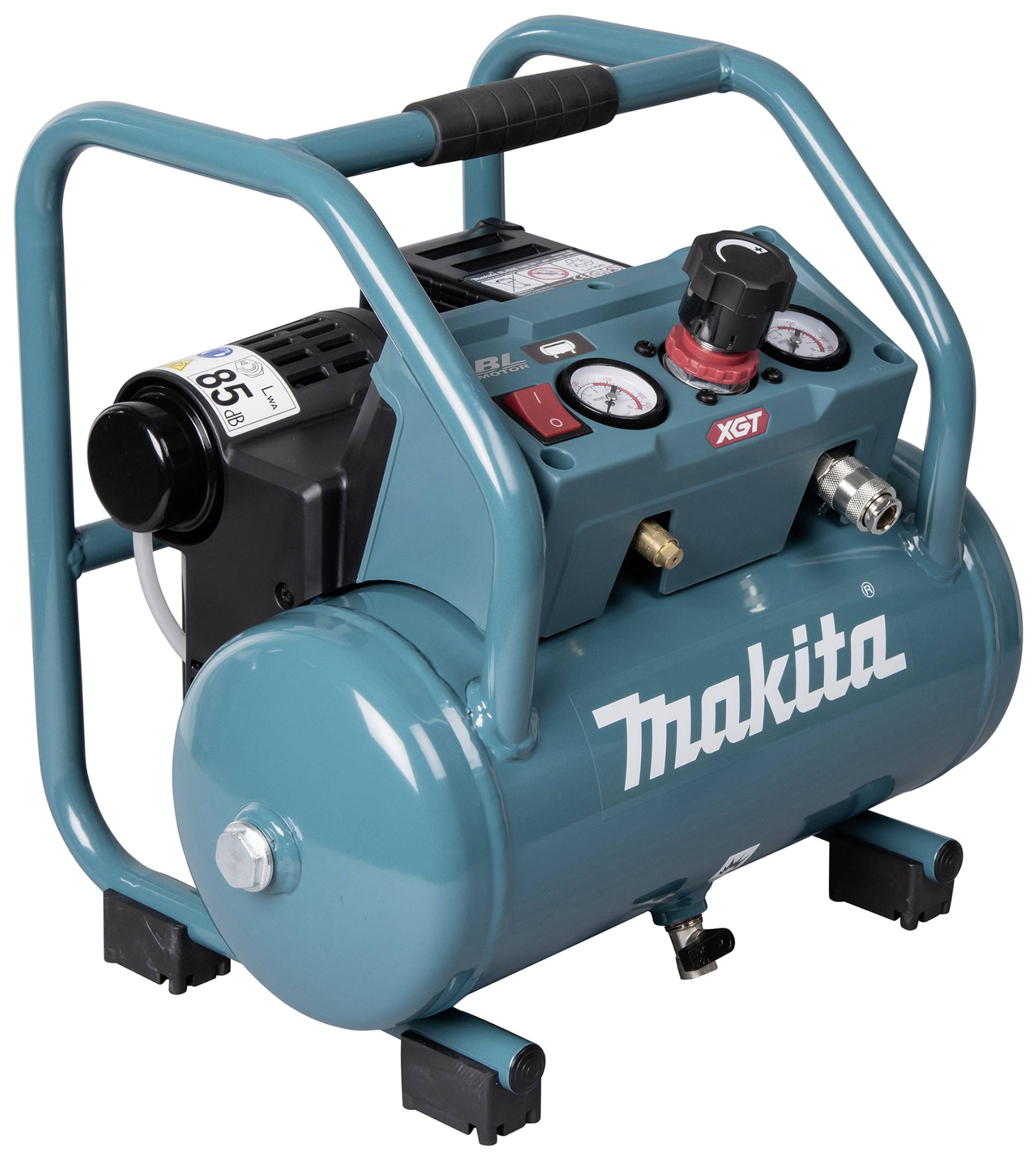 Tragbarer, türkisfarbener Makita-Kompressor mit zwei Druckmessern und Griffen, geeignet für Baustellen und Werkstätten.
