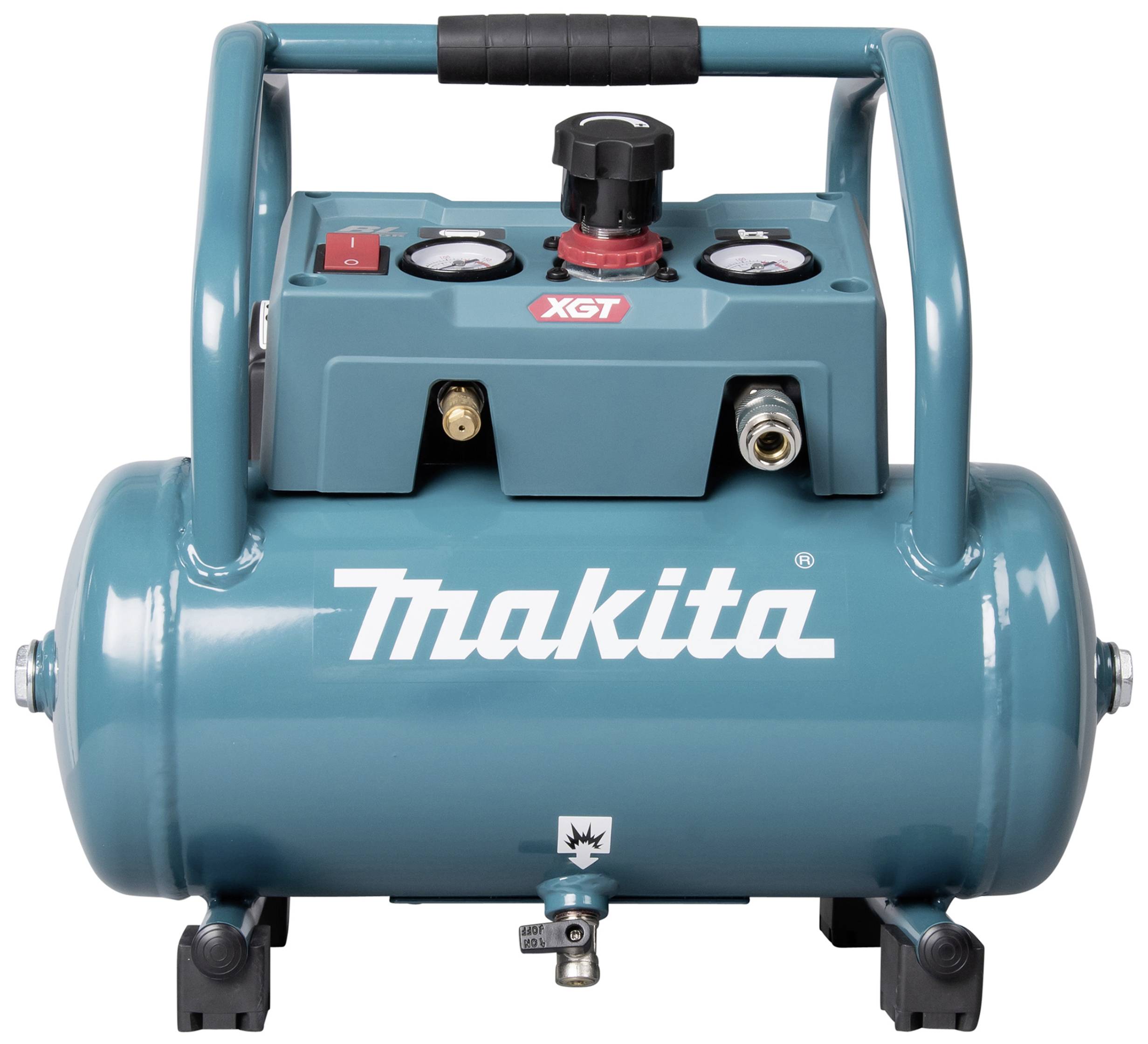 Blauer Makita Luftkompressor mit Druckanzeige und Reglerknopf. Markenlogo gut sichtbar auf dem Tank. Modell: XGT.