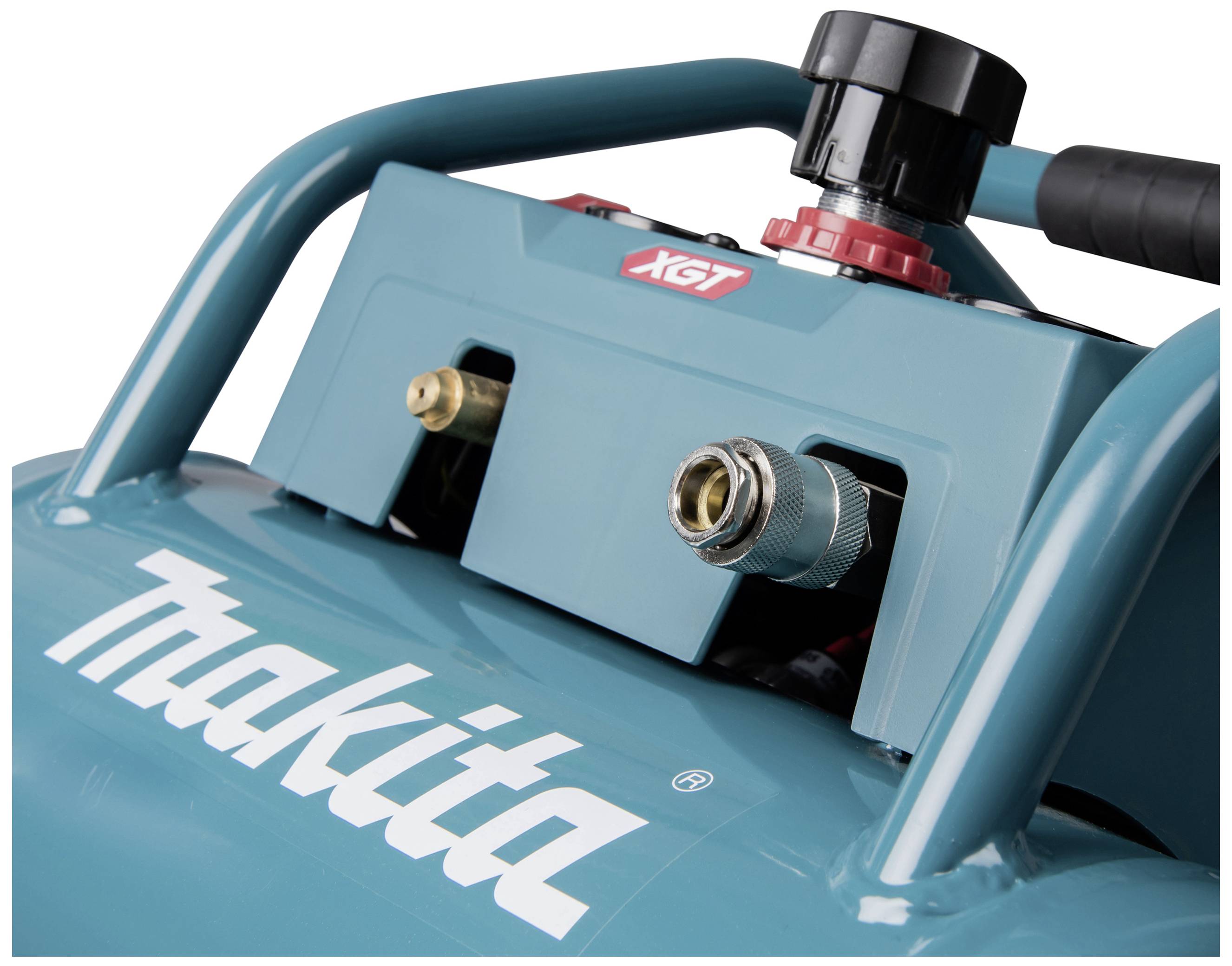 Ein blauer tragbarer Luftkompressor mit dem Logo 'Makita'. Deutlich sichtbar sind Ventile und ein Drehregler auf der Oberseite.