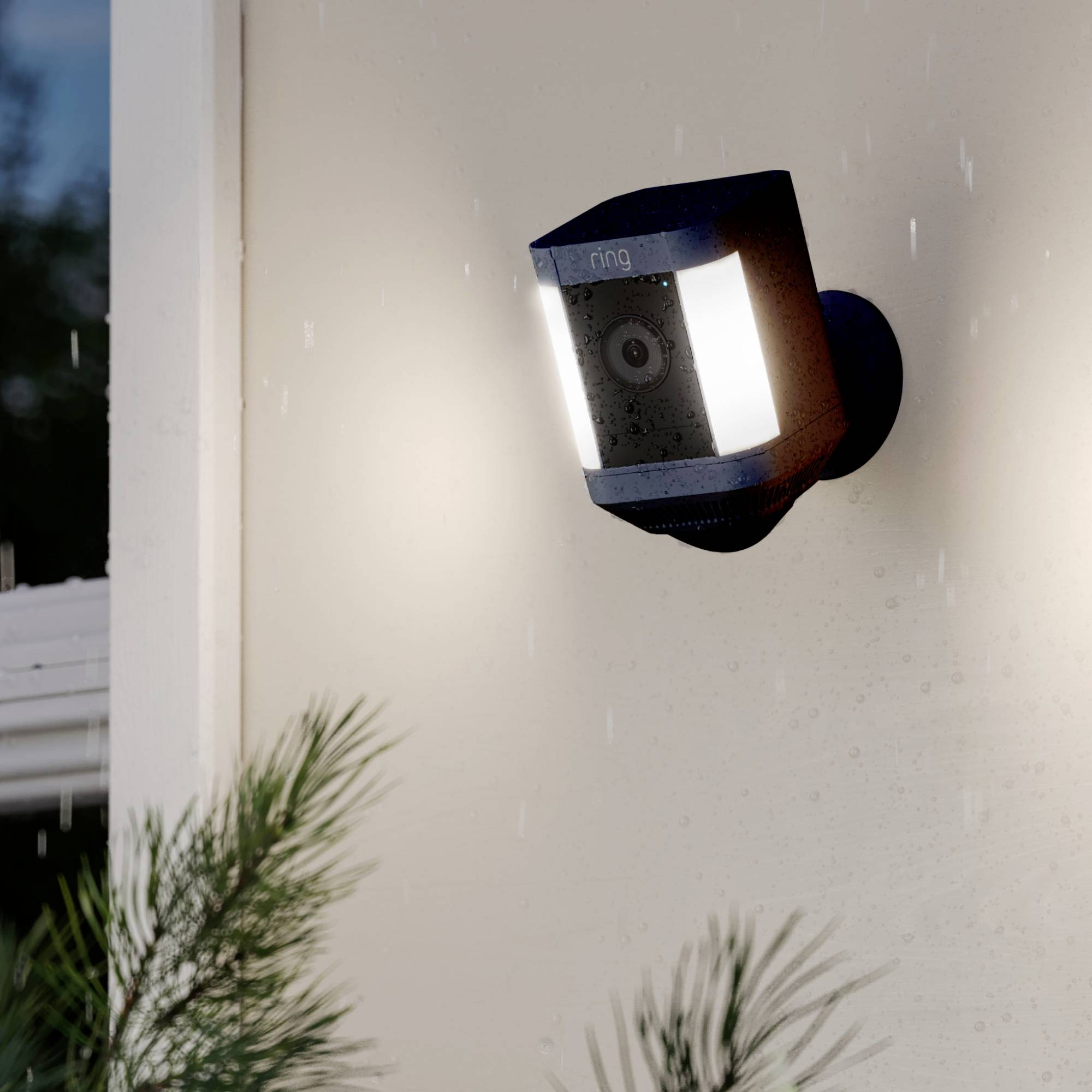 Eine schwarze Sicherheitskamera mit integriertem Licht ist an einer Hauswand montiert, umgeben von Regen und Pflanzen im Vordergrund.