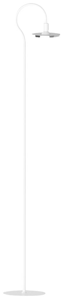 Weiße, schlanke Stehlampe mit minimalistischem Design, kreisförmigem Sockel und gebogenem, dünnem Ständer.
