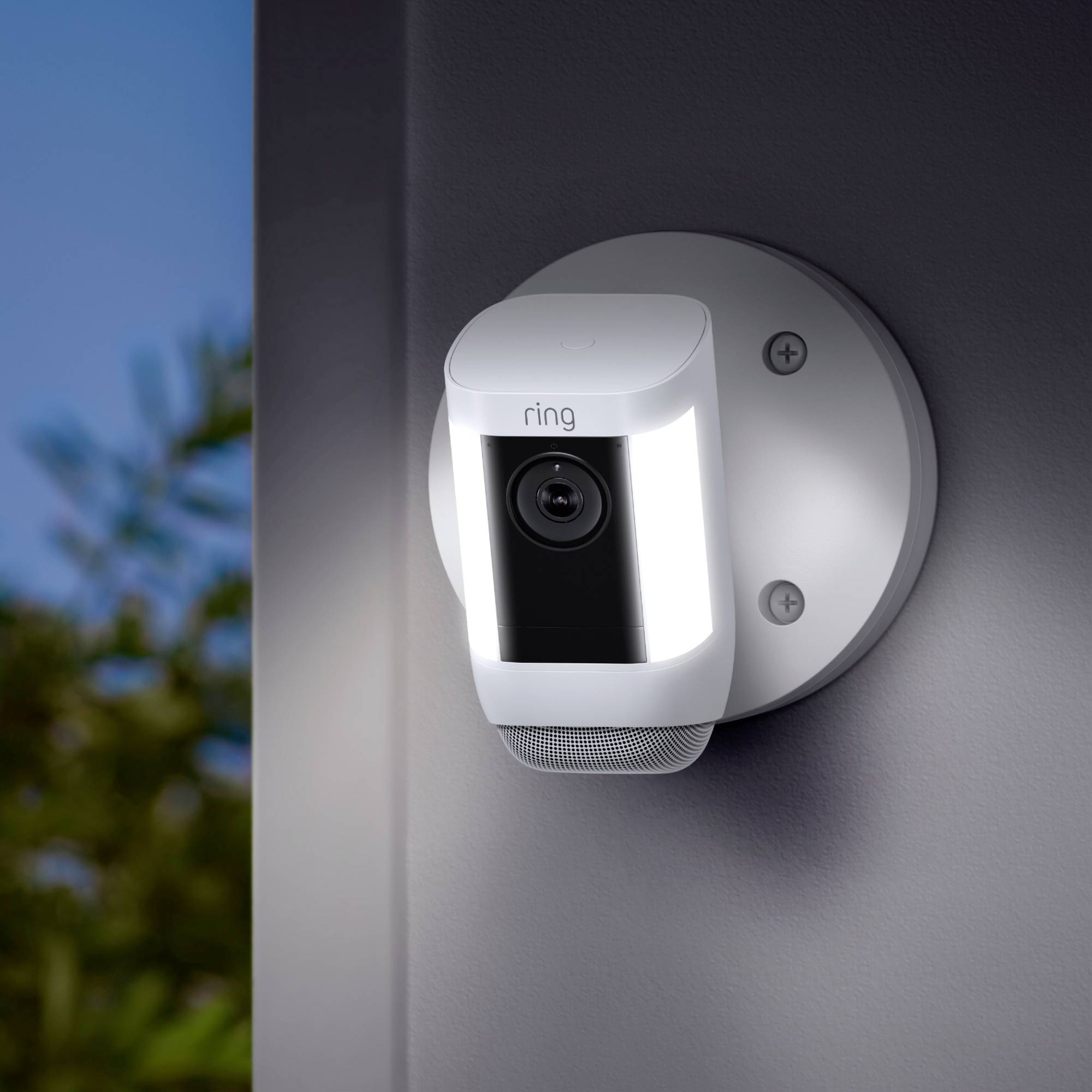 Überwachungskamera mit LED-Licht und Lautsprecher an einer Wand montiert, zeigt nach draußen auf Bäume.