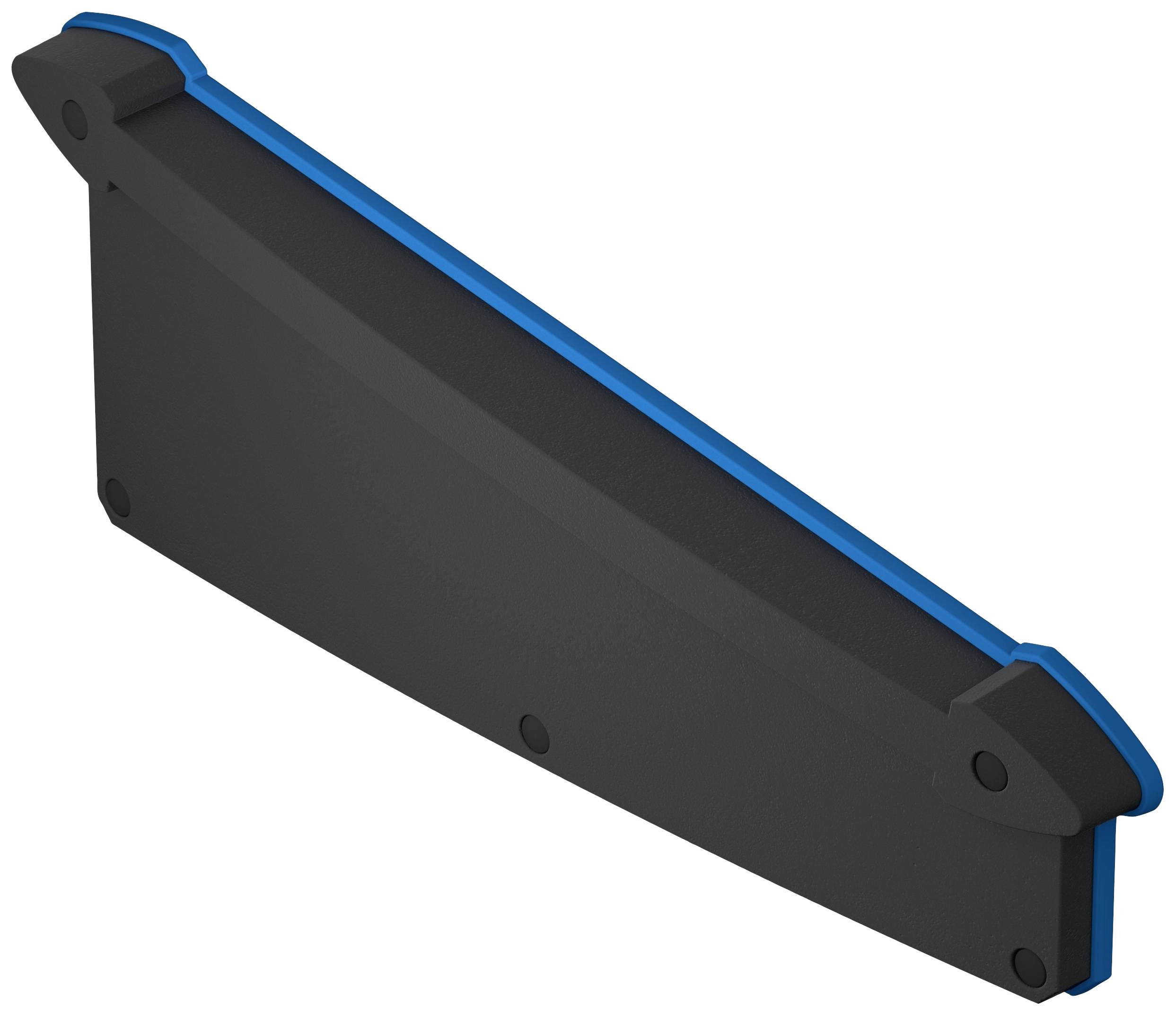 Schwarze, trapezförmige Kunststoffabdeckung mit blauen Akzenten an den Längskanten, vermutlich als Schutzabdeckung für technische Geräte.