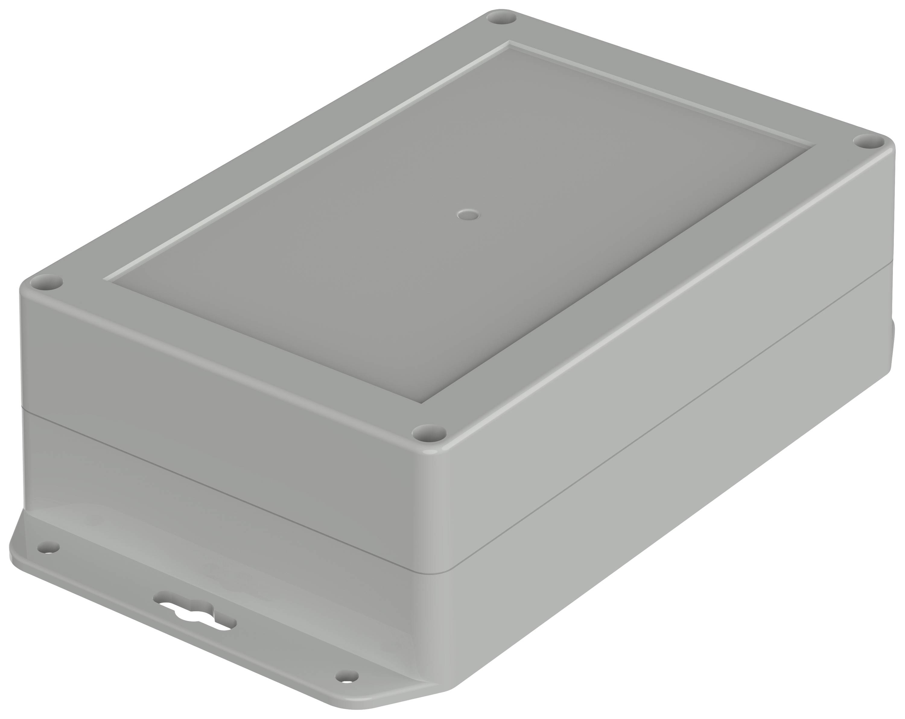 Ein rechteckiges, graues Gehäuse mit abnehmbarer Abdeckung und Befestigungslöchern an den Ecken, geeignet für Elektronikgeräte.