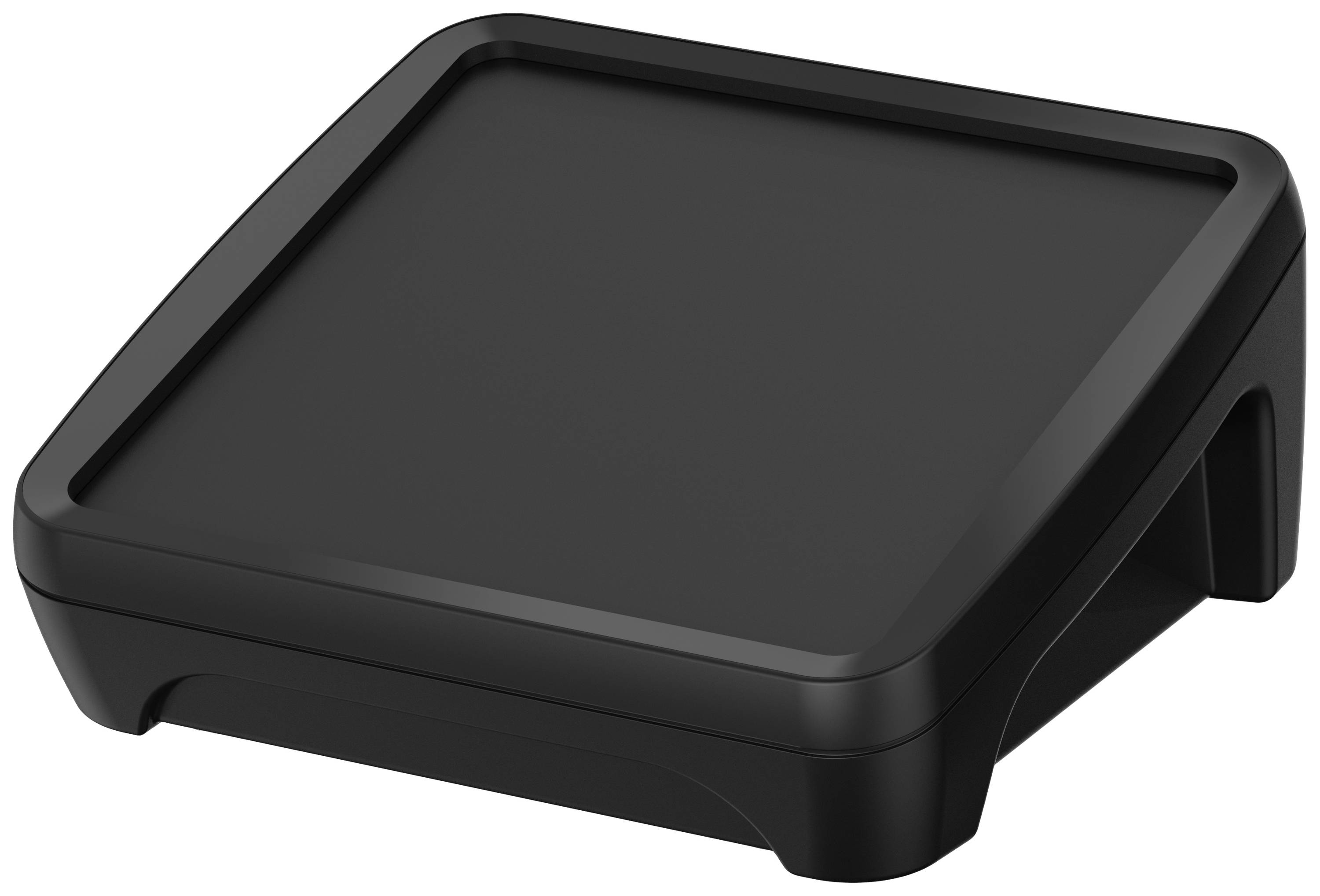 Ein schwarzer, rechteckiger Monitorstandfuß aus Kunststoff, erhöht zur ergonomischen Bildschirmpositionierung auf einem Schreibtisch.