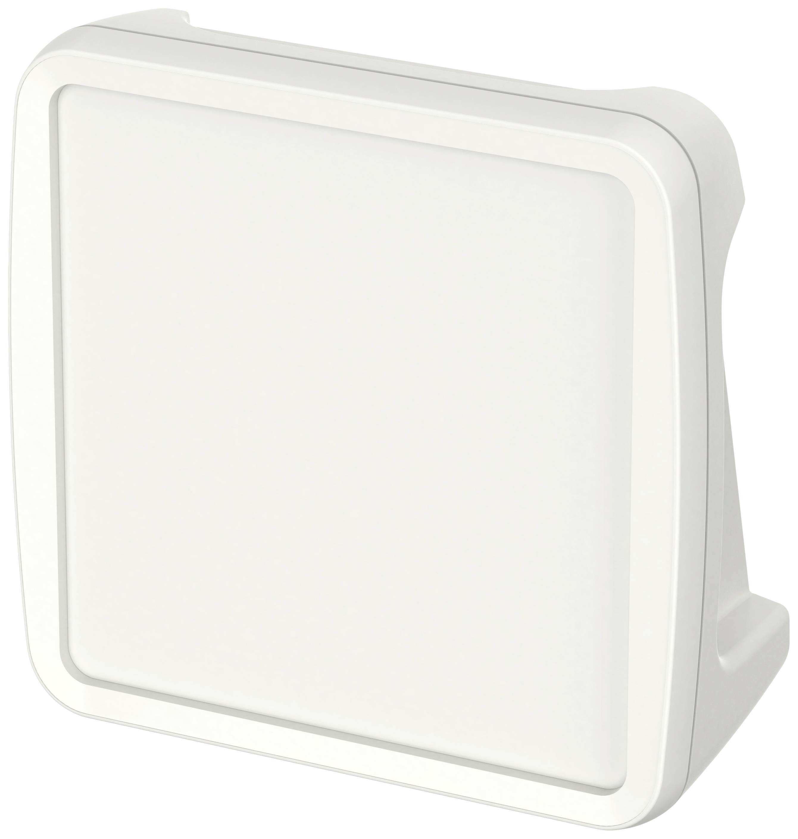 Quadratisches, weißes Plastikgehäuse mit abgerundeten Ecken und einer leicht gewölbten Vorderseite, möglicherweise eine Abdeckung oder ein Schalterrahmen.