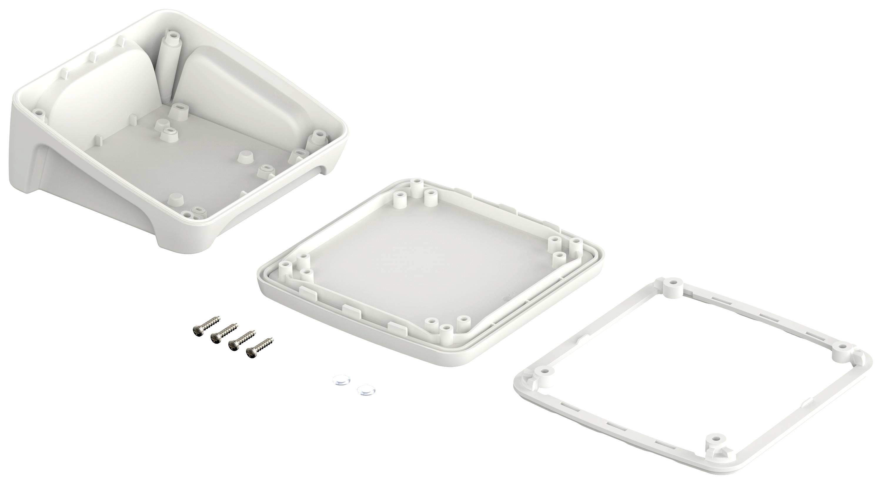 Drei weiße Kunststoffteile und vier Schrauben. Die Teile scheinen sich zu einem Gehäuse zusammensetzen zu lassen.