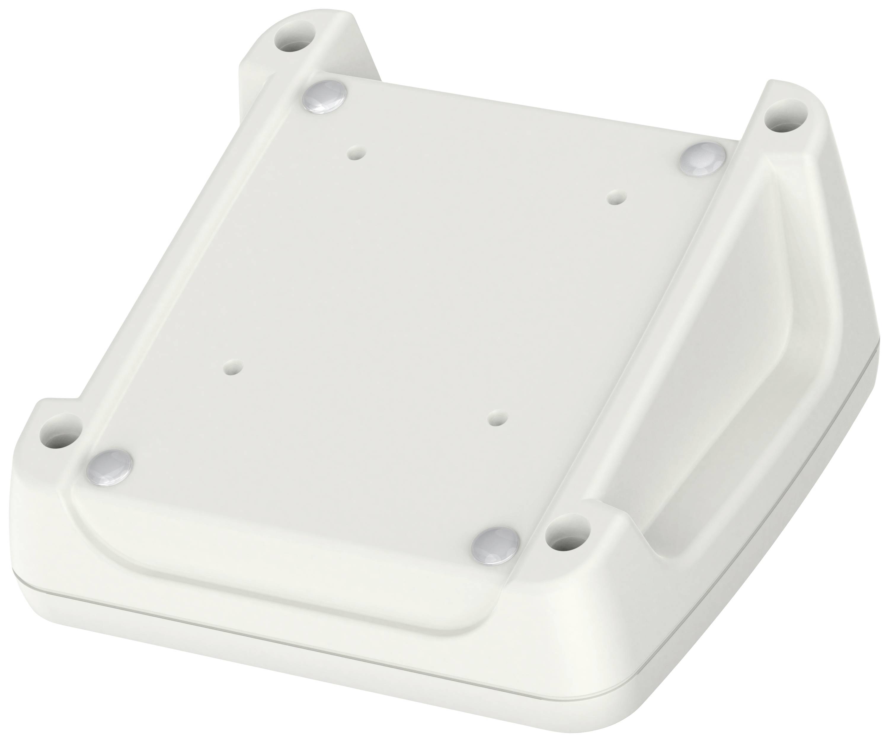 Ein weißes, rechteckiges Kunststoffgehäuse mit abgerundeten Ecken und vier Befestigungslöchern.