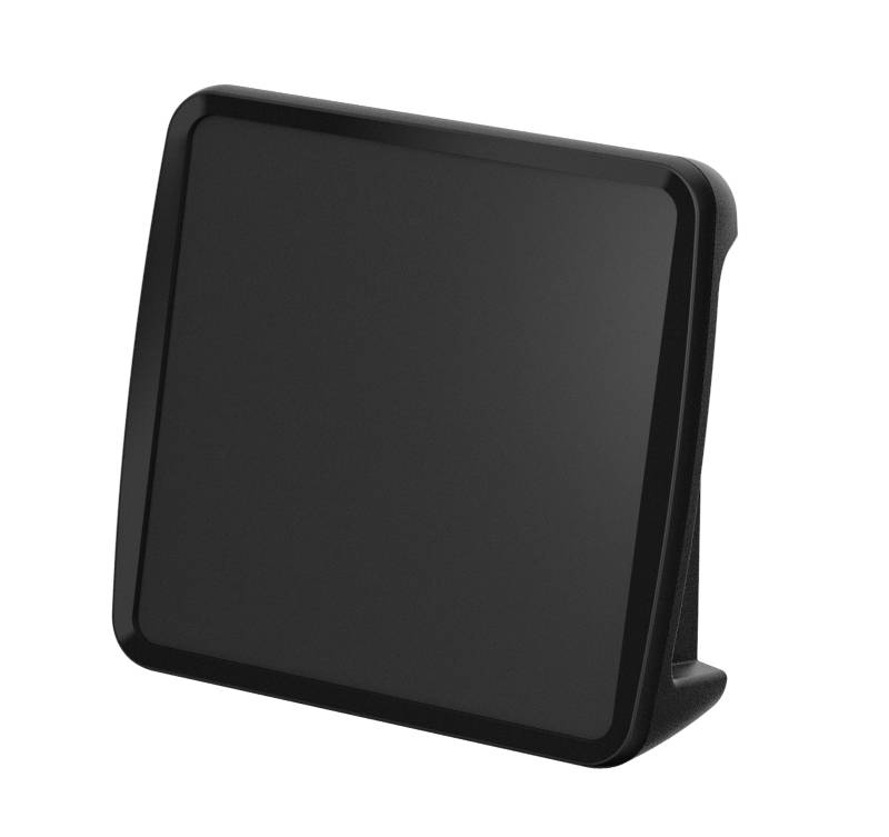 Ein schwarzes, quadratisches Displaygerät mit leicht geneigter Vorderseite, vermutlich ein digitaler Bilderrahmen oder Monitor.