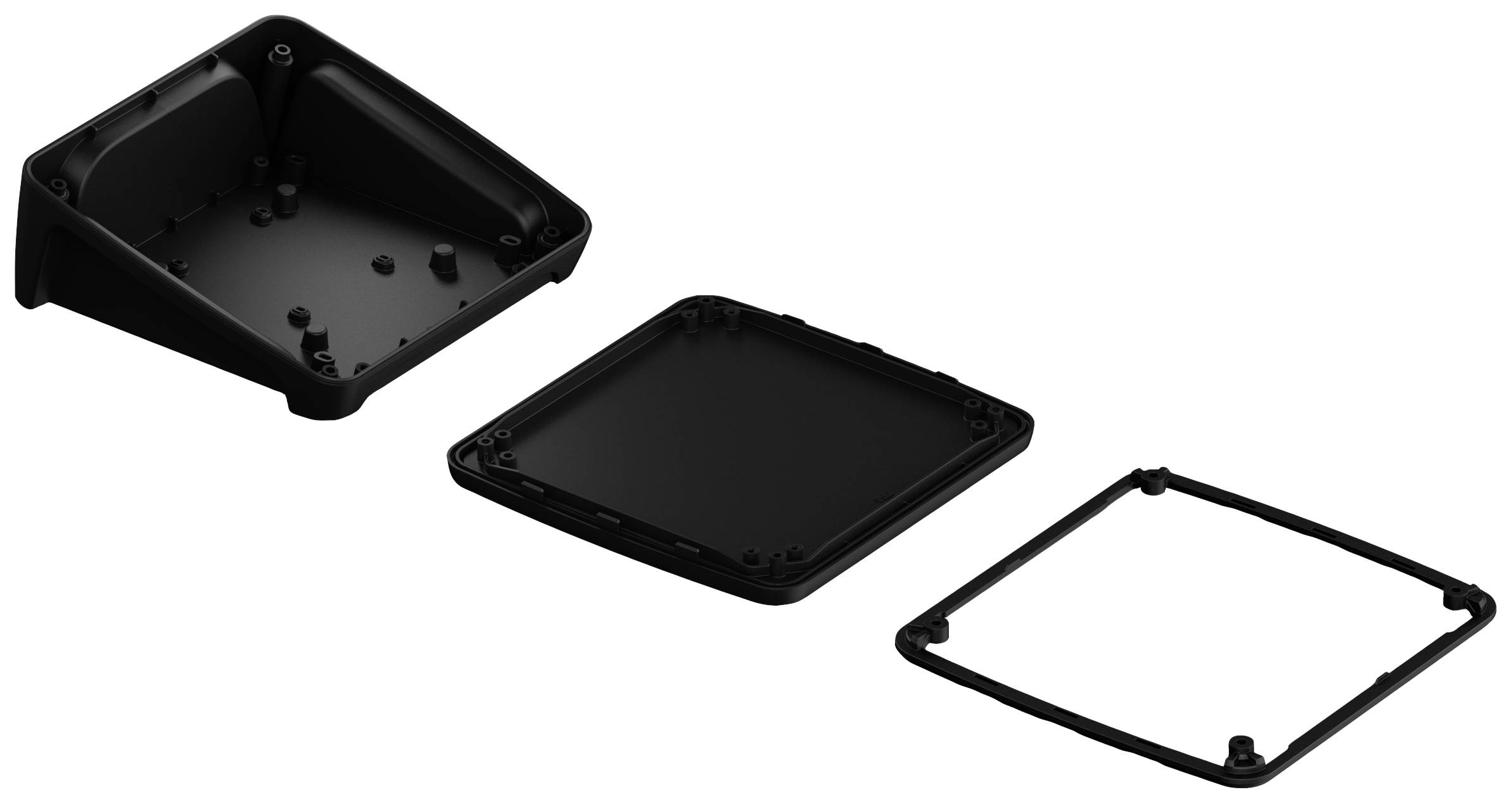 Gehäuseteile eines elektronischen Geräts in drei separaten Komponenten gezeigt: Boden, Deckel und Rahmen, alle in Schwarz.