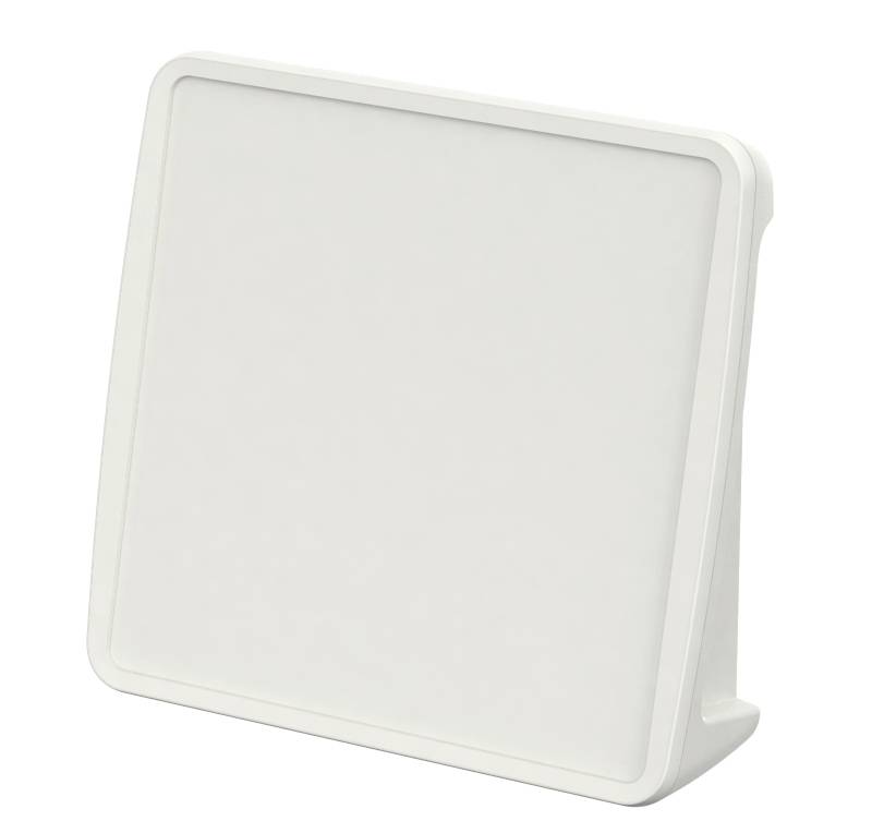 Weiße quadratische Tischlampe mit abgerundeten Kanten, geeignet zur Verwendung als Tageslichtlampe für Lichttherapie.