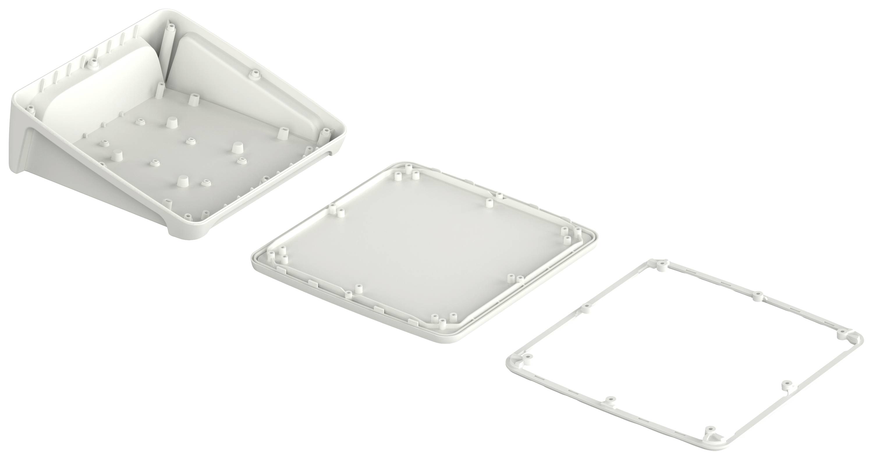 Weiße, rechteckige Kunststoffabdeckung mit abgetrennten Teilen, bestehend aus einem Hauptgehäuse und zwei separaten, flachen Deckeln.