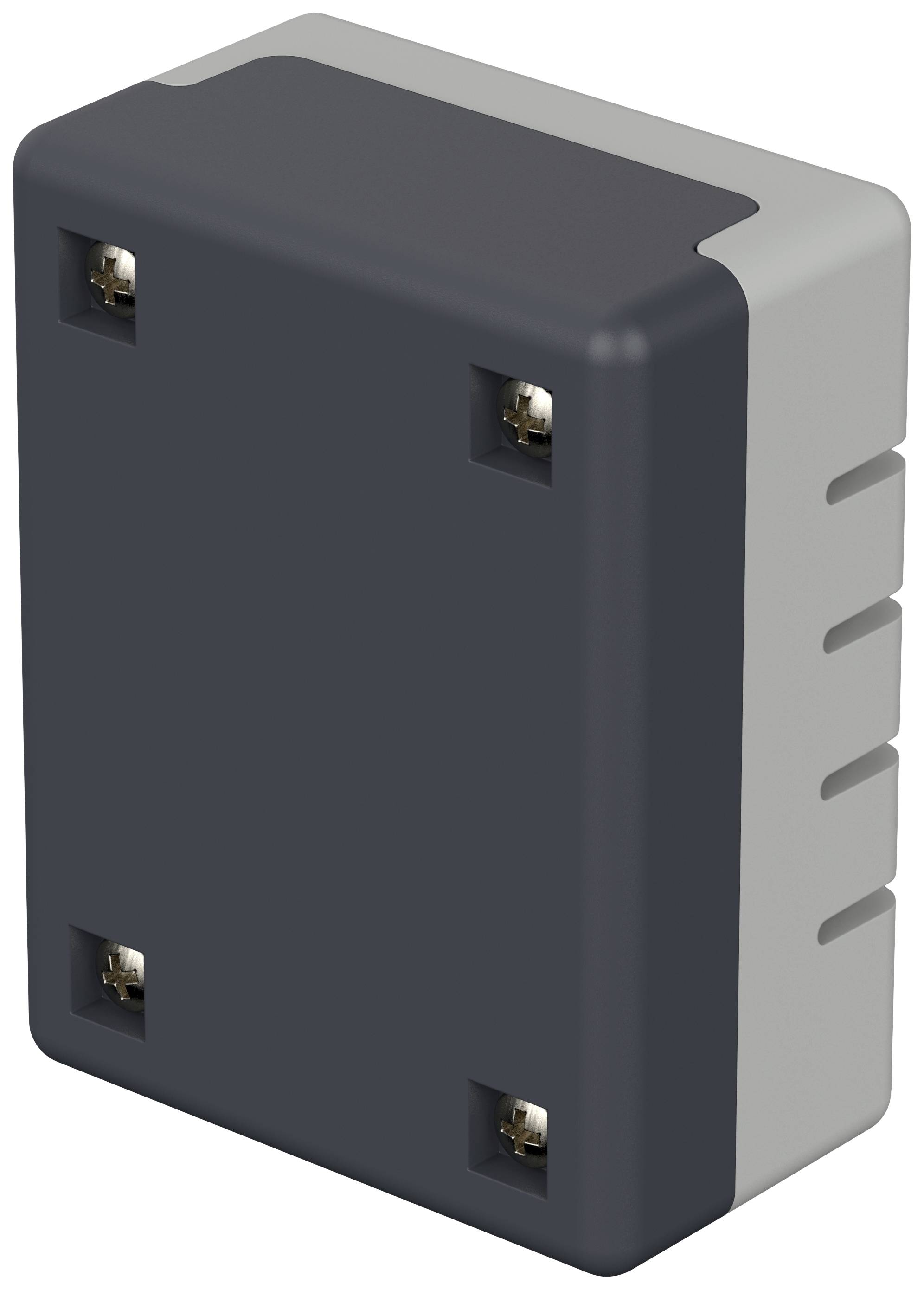 Ein dunkles, rechteckiges Gehäuse mit vier sichtbaren Schrauben an den Ecken, möglicherweise ein elektrisches oder technisches Gerät.