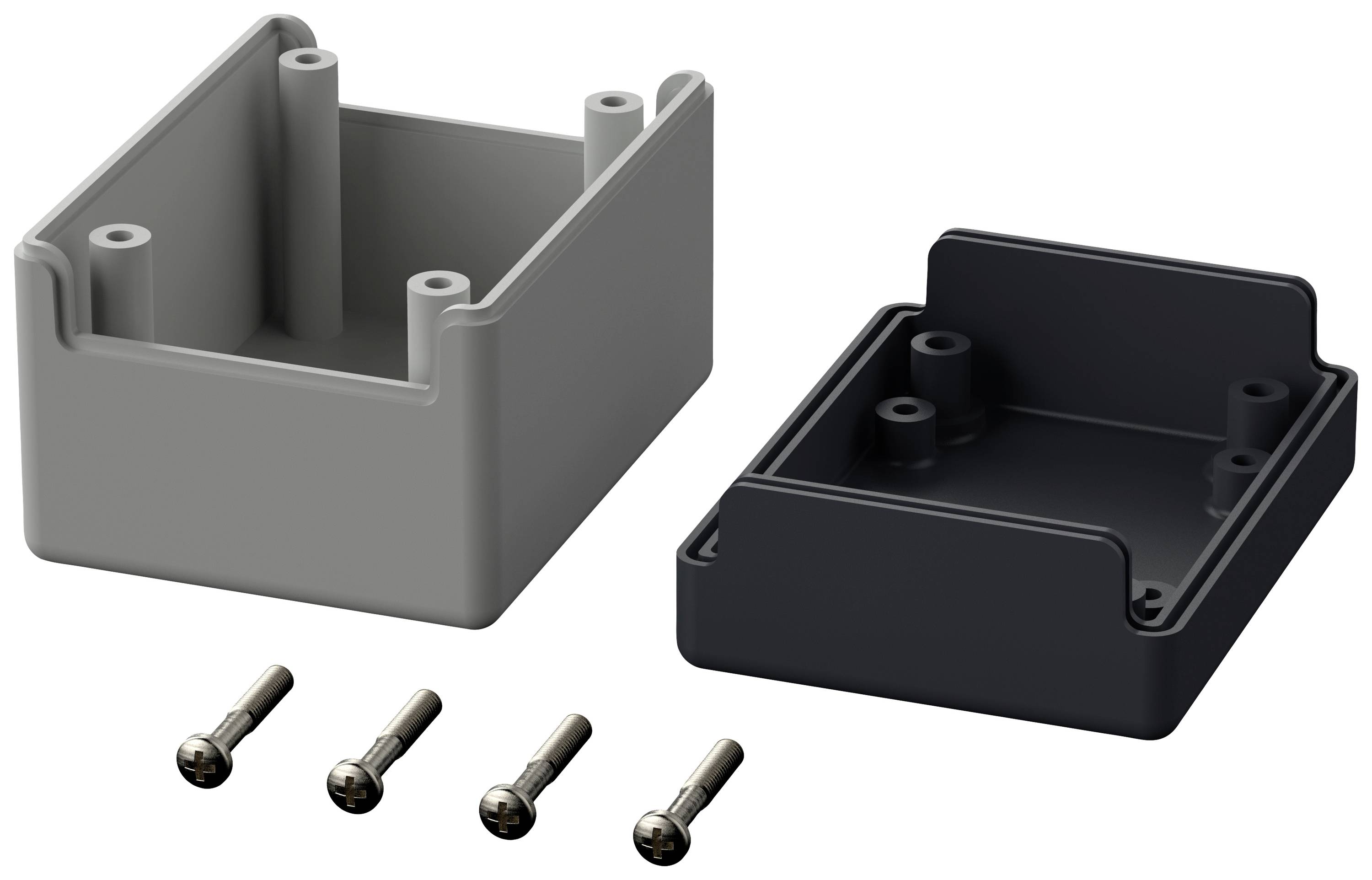 Zwei rechteckige Gehäuseteile in Grau und Schwarz nebeneinander, mit je vier Schrauben vorne. Ideal für elektronische Projekte.