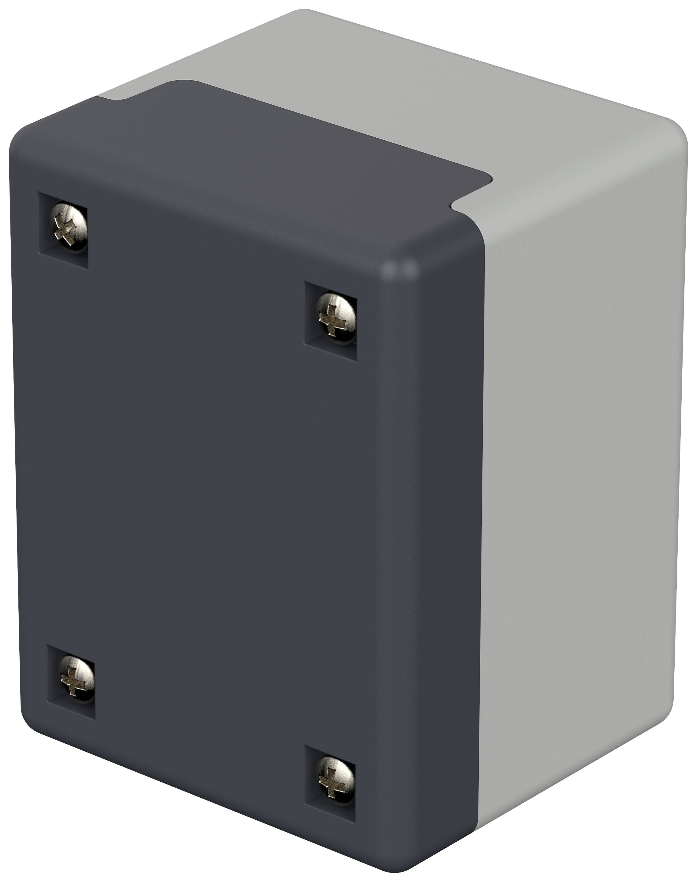 Ein rechteckiges elektrisches Gehäuse aus grauem und schwarzem Kunststoff mit vier sichtbaren Schrauben.