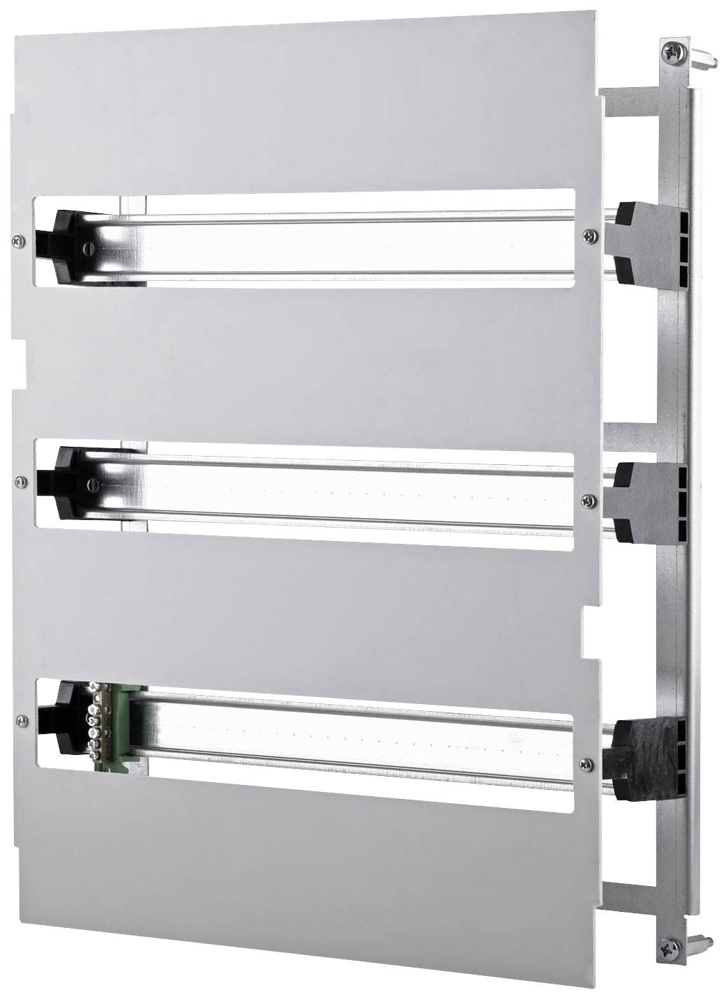 Metallisches Regalmodul mit drei parallelen Schienen, geeignet für industrielle Anwendungen oder Lagerhaltung.