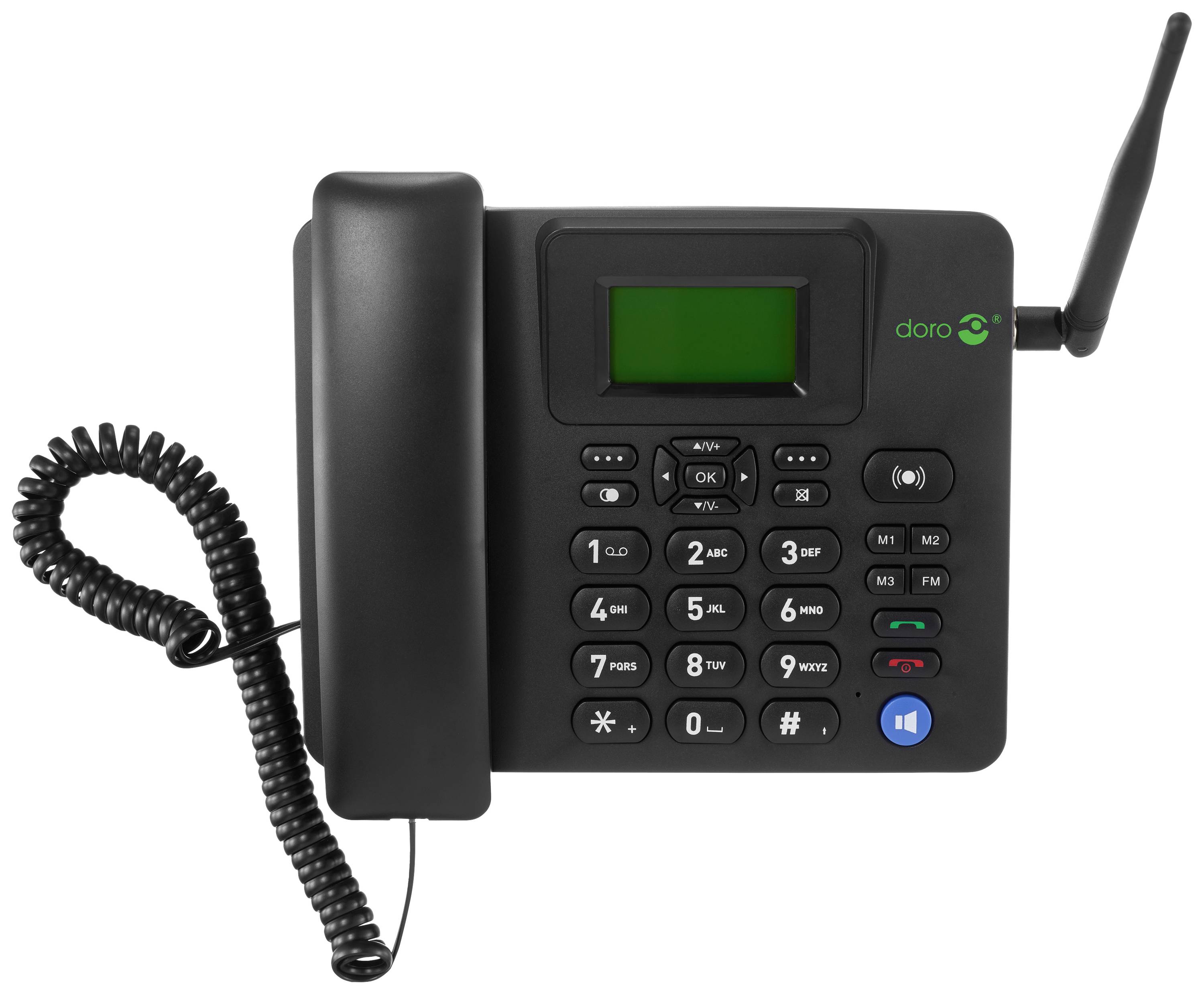 Ein schnurloses Telefon mit Tastatur, Display und Antenne.```