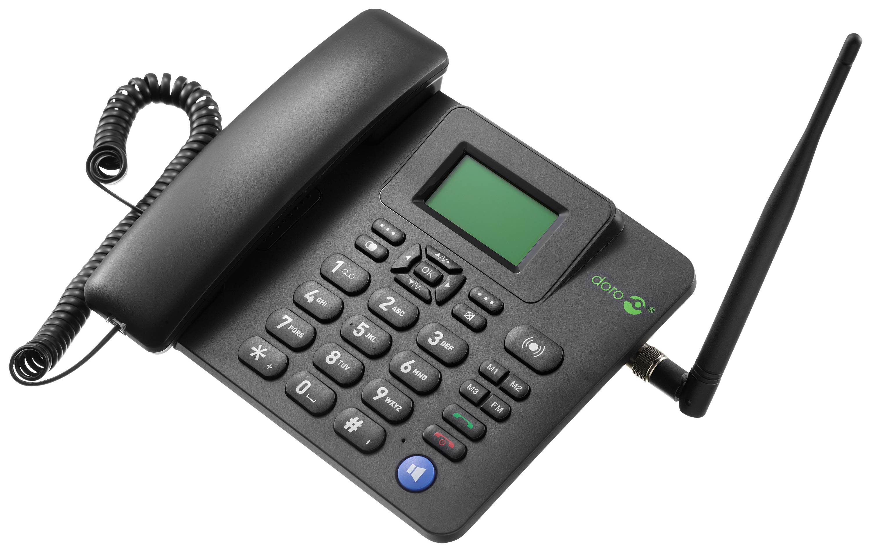 Ein schwarz-graues Tischtelefon mit großem Display und Tasten, geeignet für Senioren. Es verfügt über eine Antenne für bessere Verbindung.