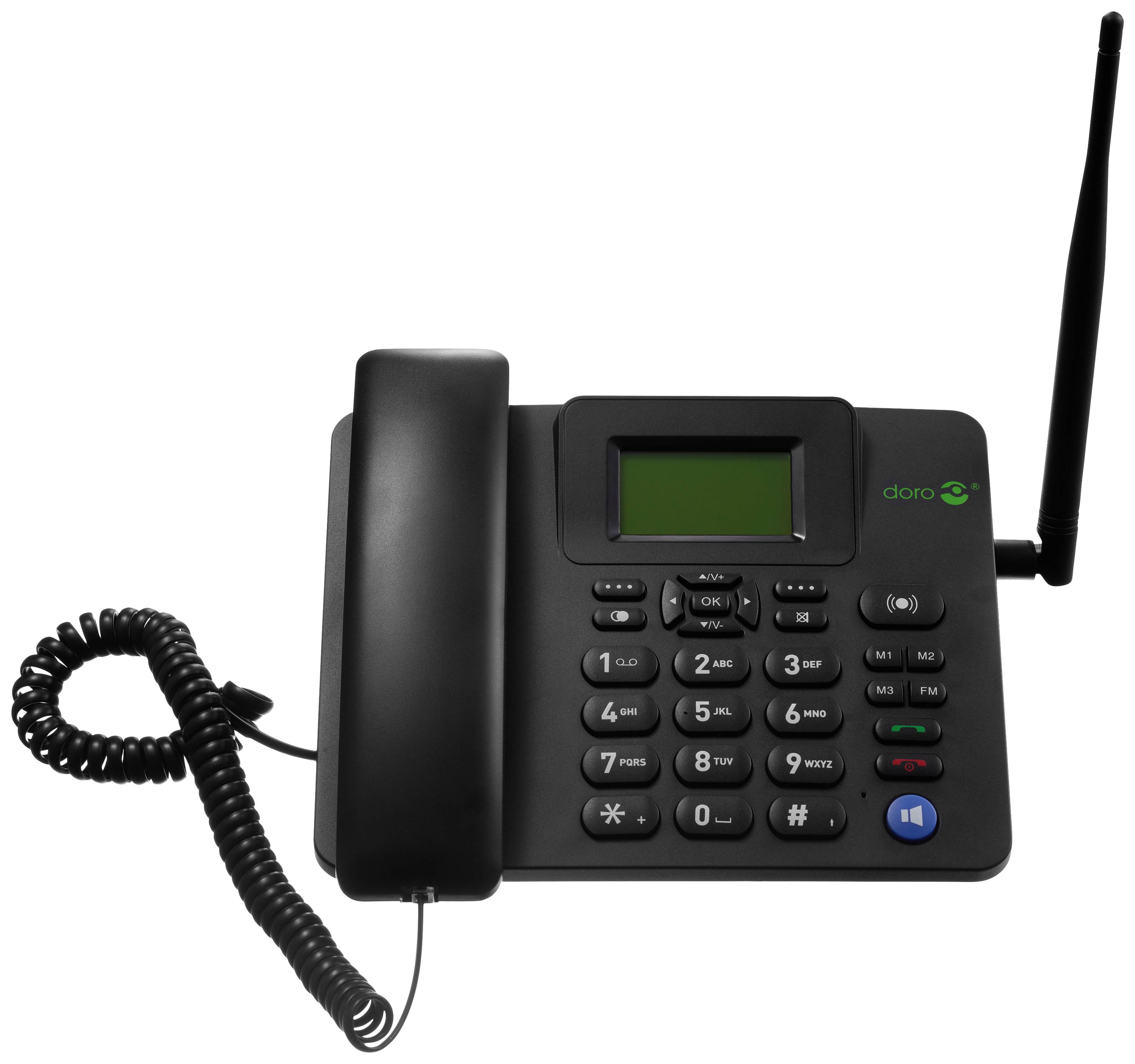 Ein schwarzes Festnetztelefon mit Hörer und Tastenfeld, Bildschirm oben. Marke 'doro' sichtbar, Antenne rechts.