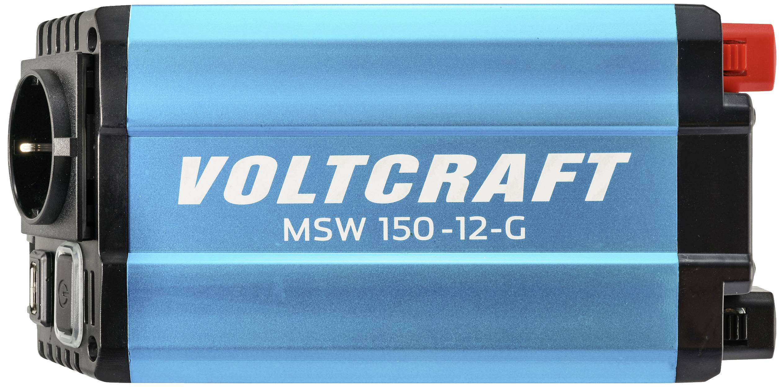 Blaue Leistungselektronikbox mit der Aufschrift 'VOLTCARFT MSW 150-12-G', seitlicher Ein- und Ausgangsanschluss sichtbar.