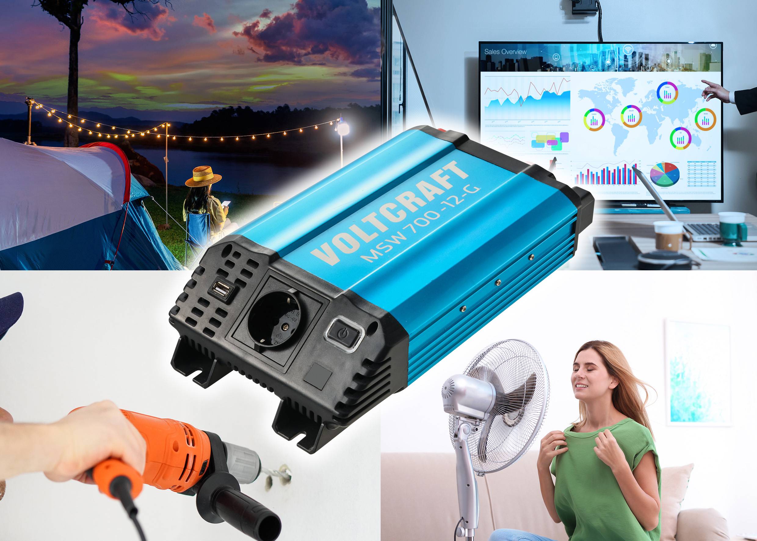 Ein blauer Spannungswandler der Marke Voltcraft, Modell NSW 100, wird gezeigt. Anwendungen: Laptop, Bohrmaschine, Lüfter beim Campen.