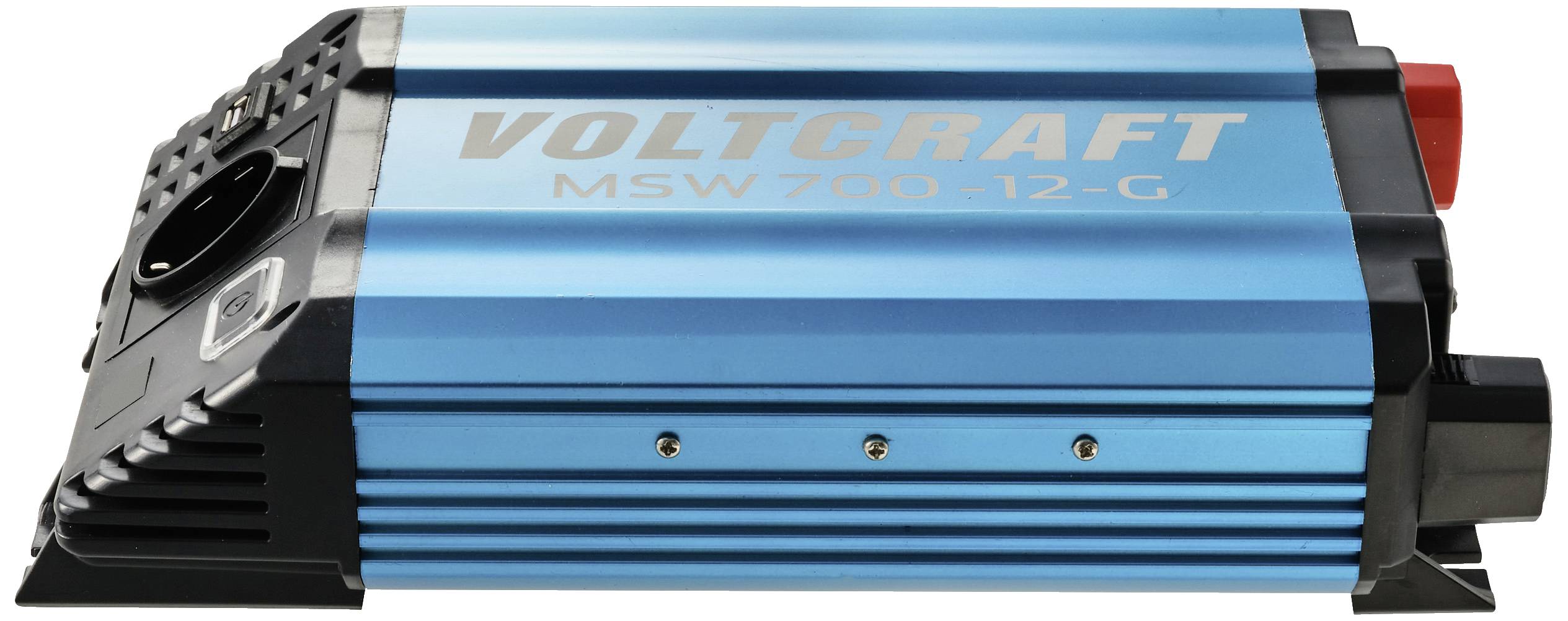 Ein blauer Spannungswandler 'VOLTCRAFT MSW 700-12-G' auf weißem Hintergrund. Ideal zur Umwandlung von Gleichstrom in Wechselstrom.