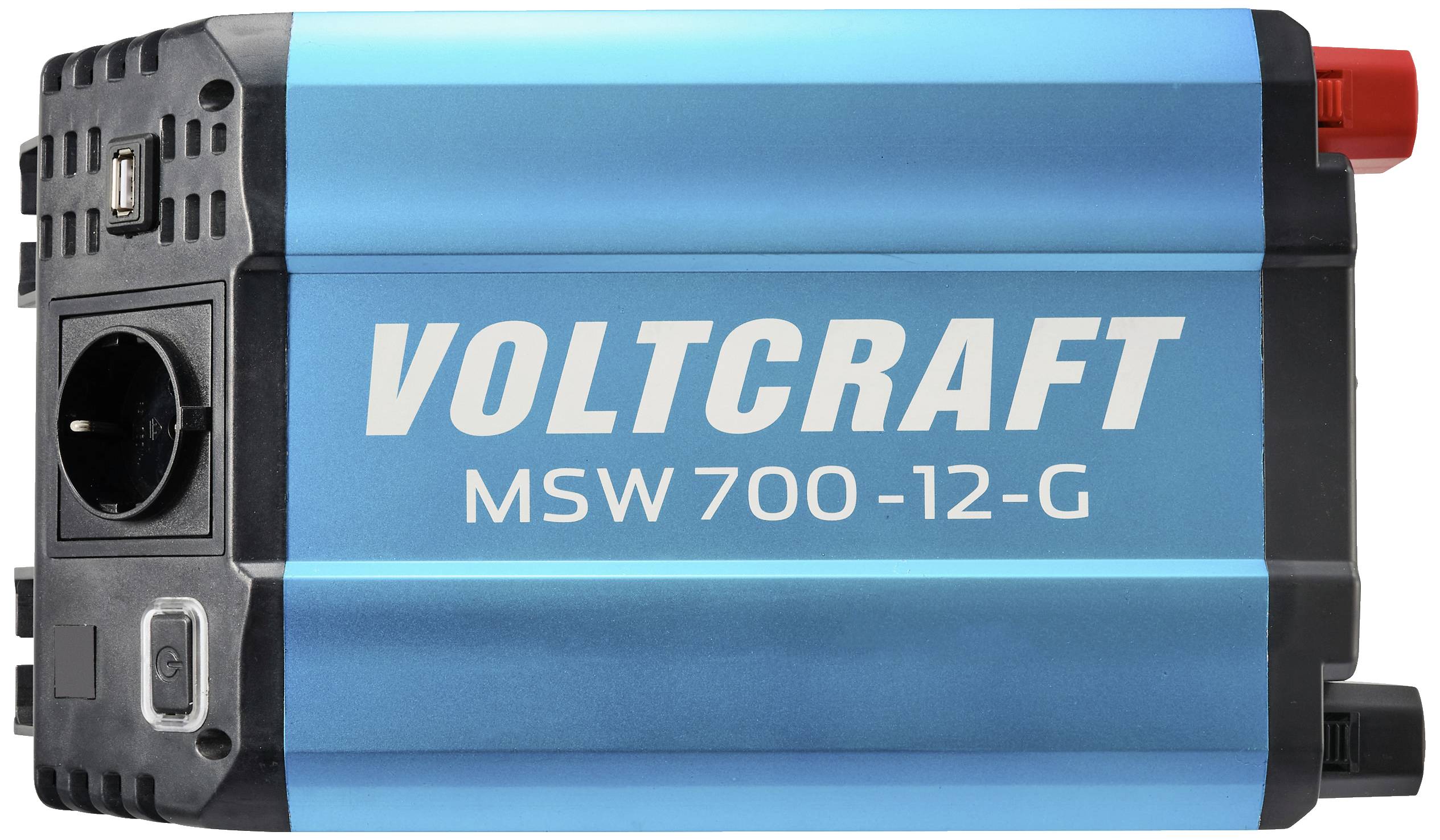 Ein blauer Spannungswandler von Voltcraft, Modell MSW 700-12-G, mit Steckdose und USB-Anschluss, bietet 700 Watt Leistung.