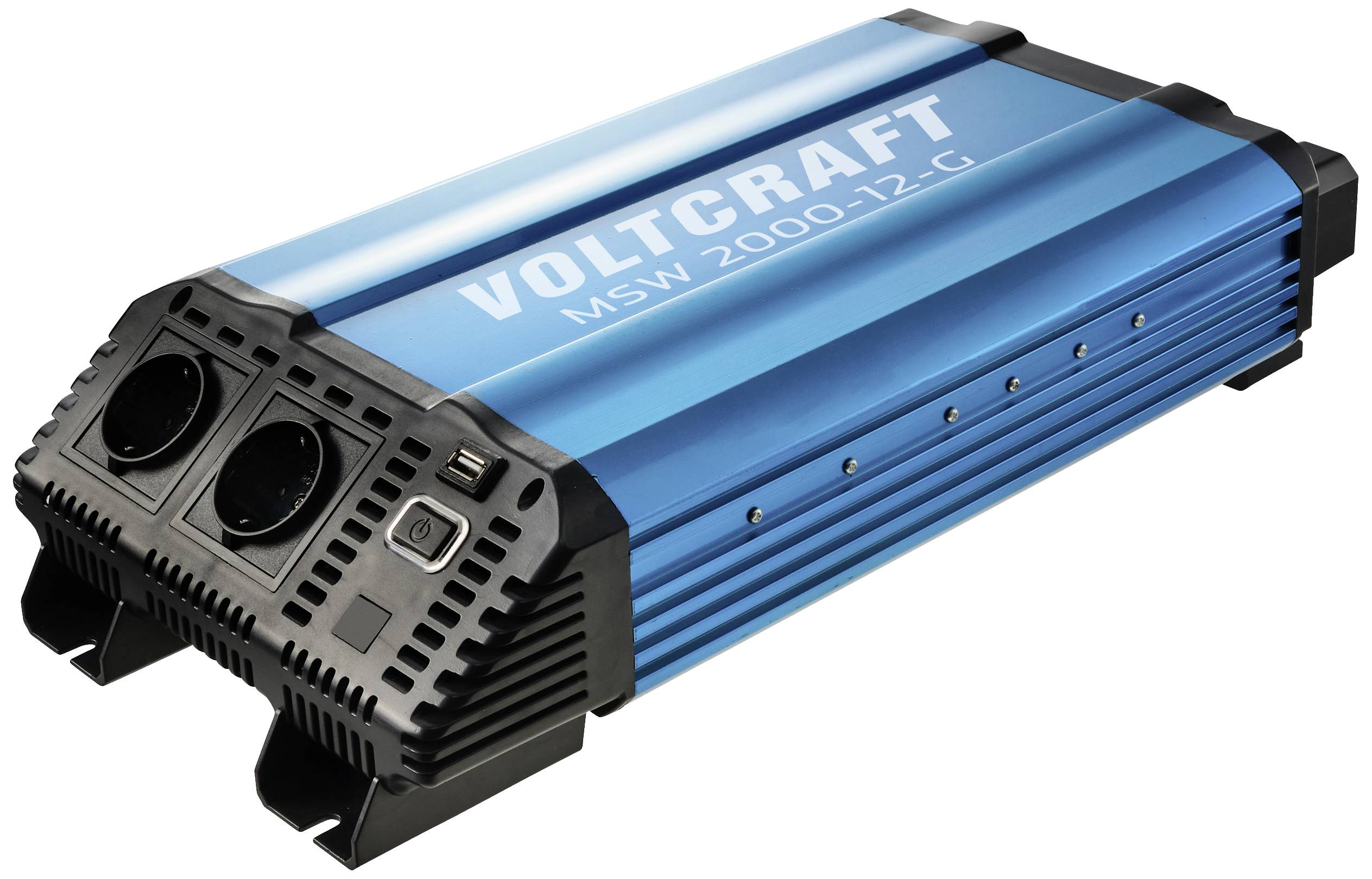 Blauer Spannungswandler Voltcraft MSW 2000-12-G mit zwei Steckplätzen und einem USB-Anschluss.