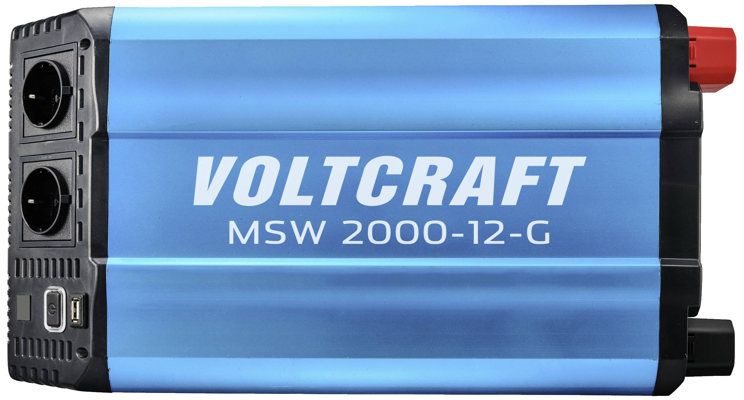 Blauer Spannungswechselrichter 'VOLTCRAFT MSW 2000-12-G' mit zwei Steckdosen und einem USB-Anschluss, für Umwandlung von Gleich- zu Wechselstrom.