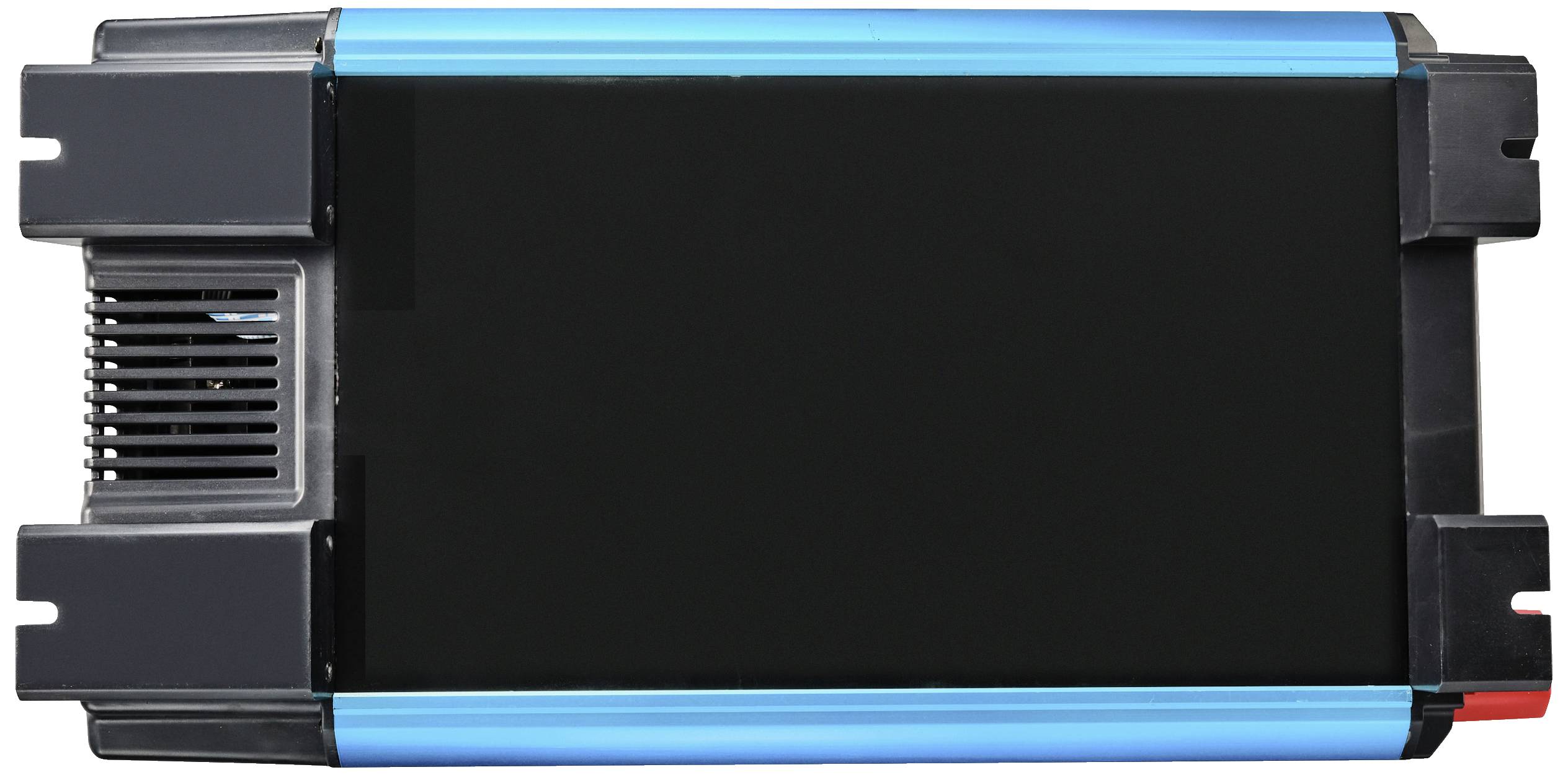 Elektronisches Gerät mit schwarzem Gehäuse und blauen Seitenstreifen, möglicherweise ein Wechselrichter oder Netzteil.