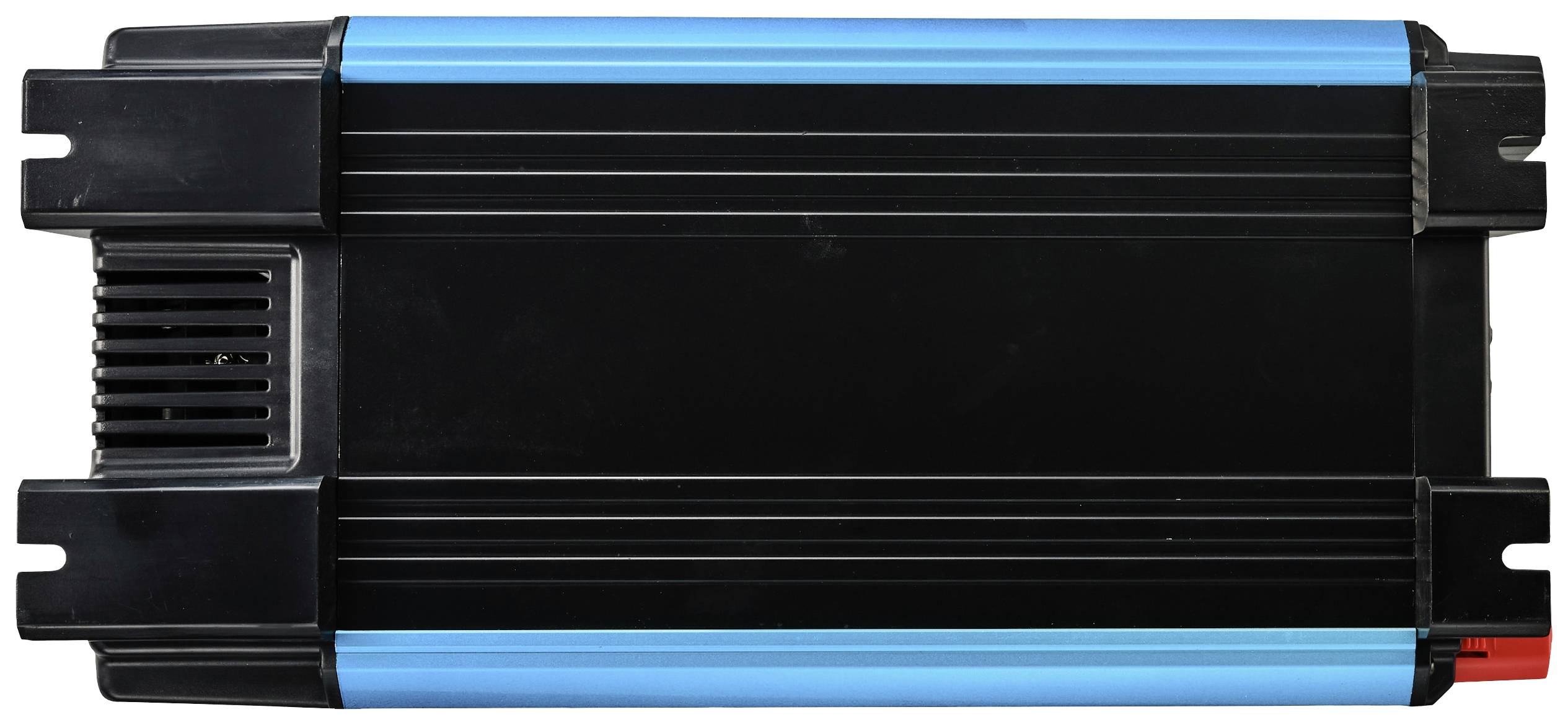 Schwarzes elektrisches Gerät mit blauen Seitenstreifen, vermutlich ein Stromwandler oder Verstärker, rechteckige Form.